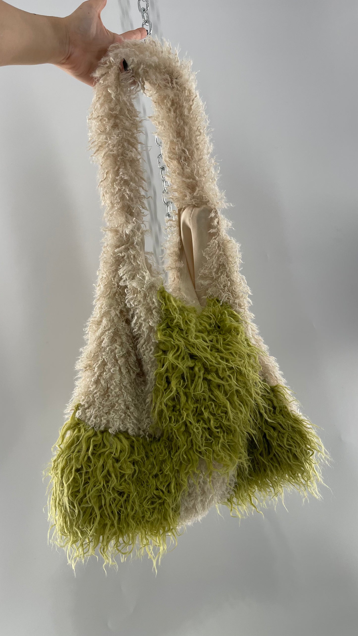 Free People Shaggy Green Beige Checkered Tote