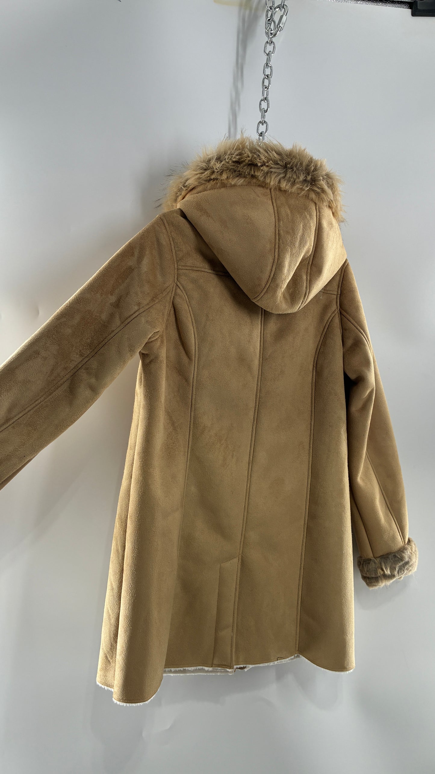 Deadstock Vintage MONROE AND MAIN Vegan Suede Coat with Fur Cuffs and Hood, Tags Attached (Medium)