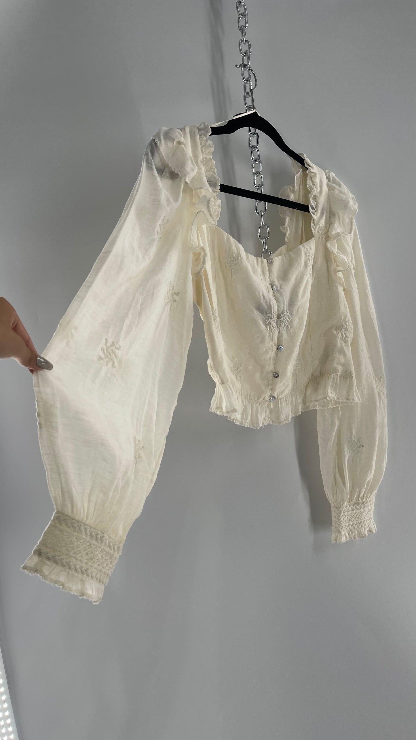 Free People White Cotton Bubble Sleeve Blouse with Embroidered Details (Medium)