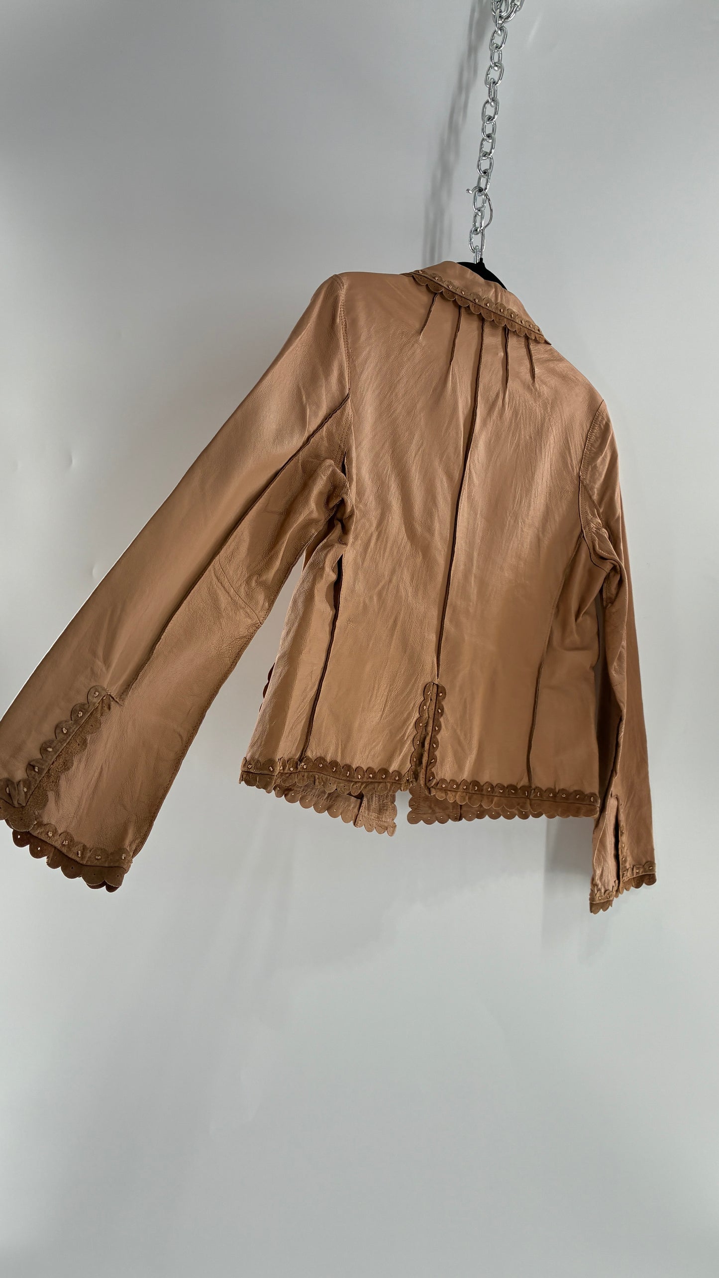 RARE Deadstock Vintage Cami Brown Thin Leather Jacket with Suede Scalloped Trim (12)