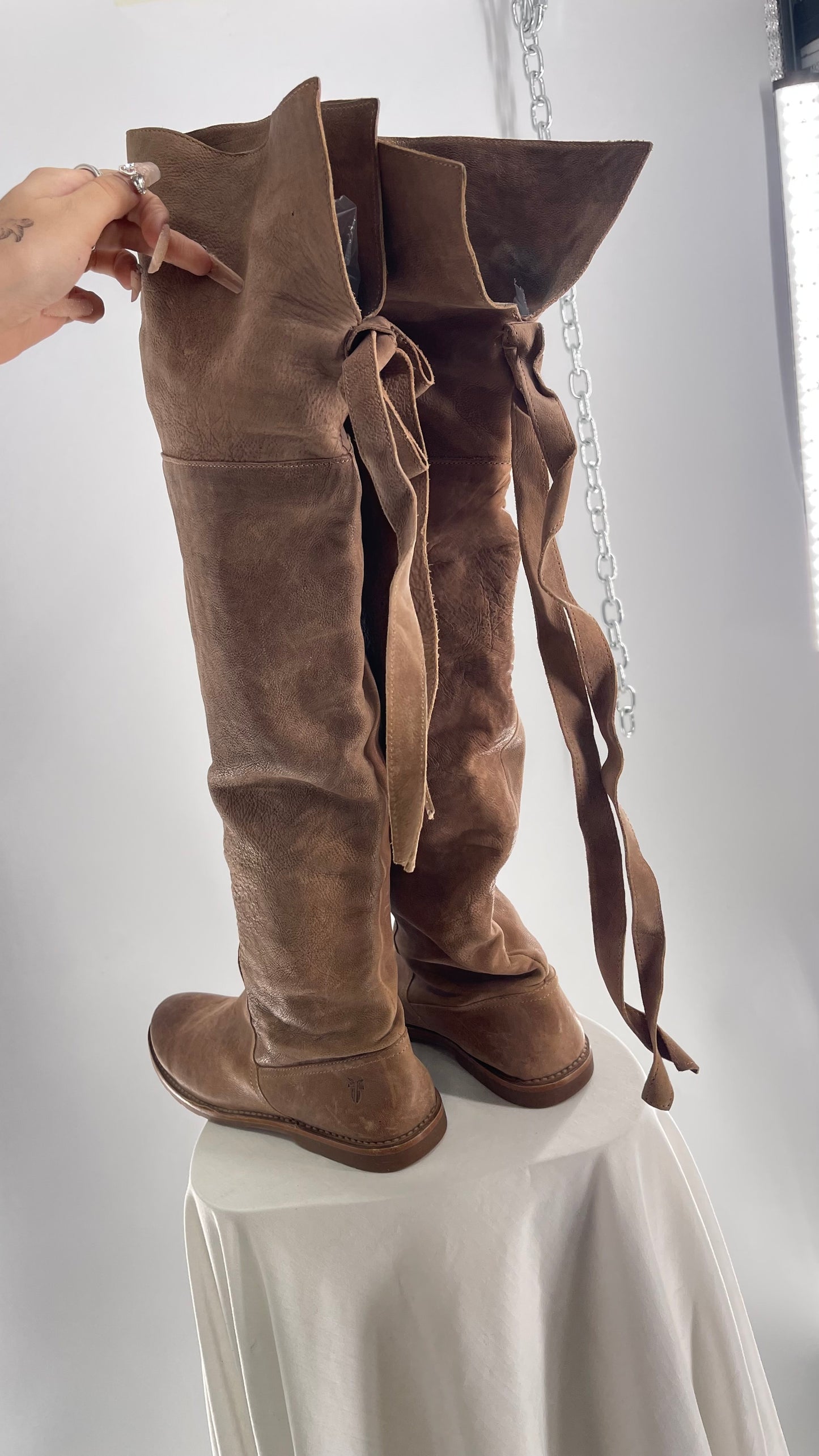 Frye Taupe Leather Over the Knee Fold Over Celia Boots (8)