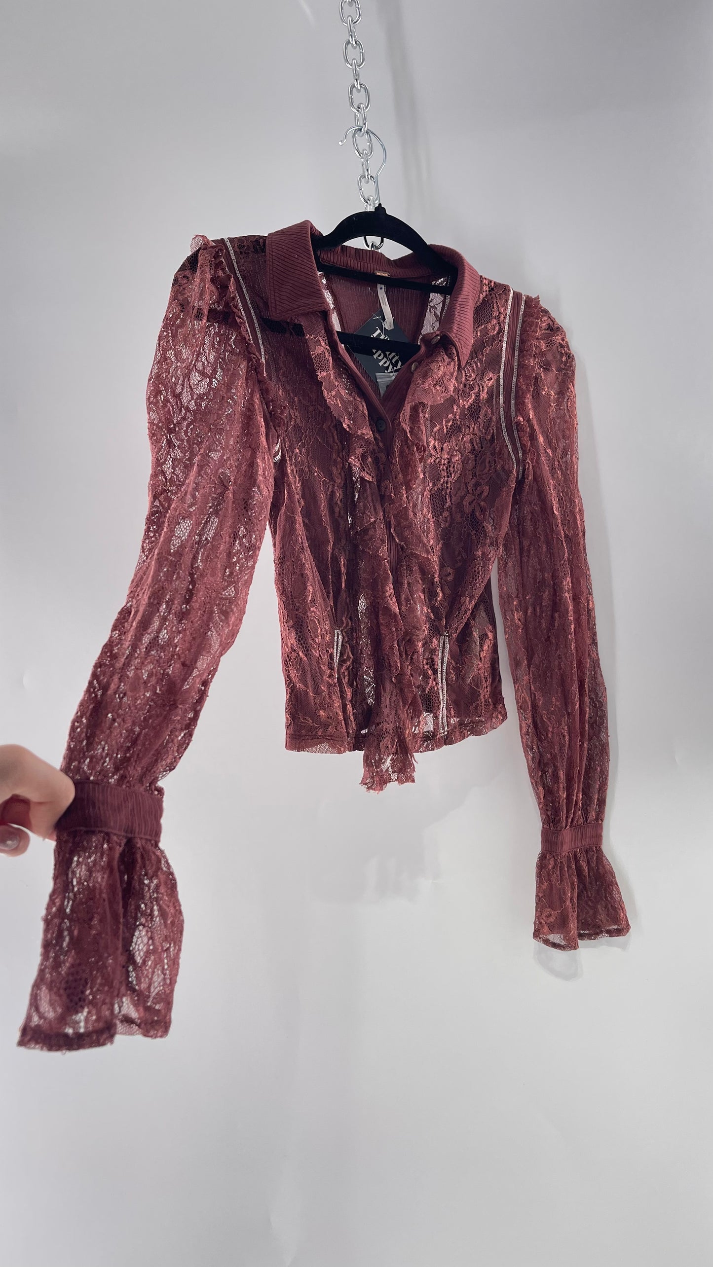 Free People Burgundy Lace Button Front Blouse with Balloon Sleeves and Ruffle Front Detail (Small)