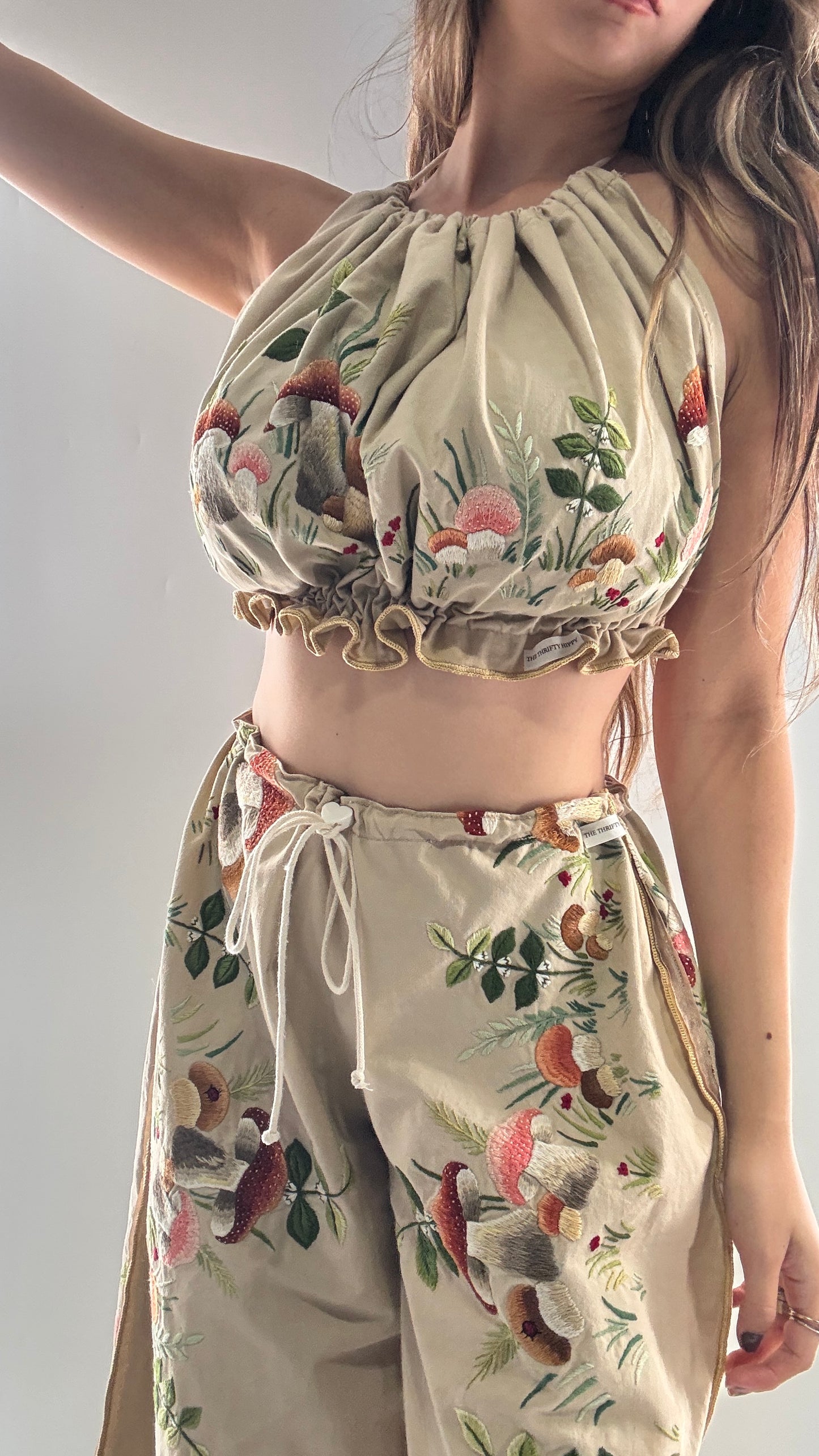 Vintage Custom Handmade and Hand Embroidered Two Piece Set with Mushrooms, Vines, and Ladybugs (XS-L)