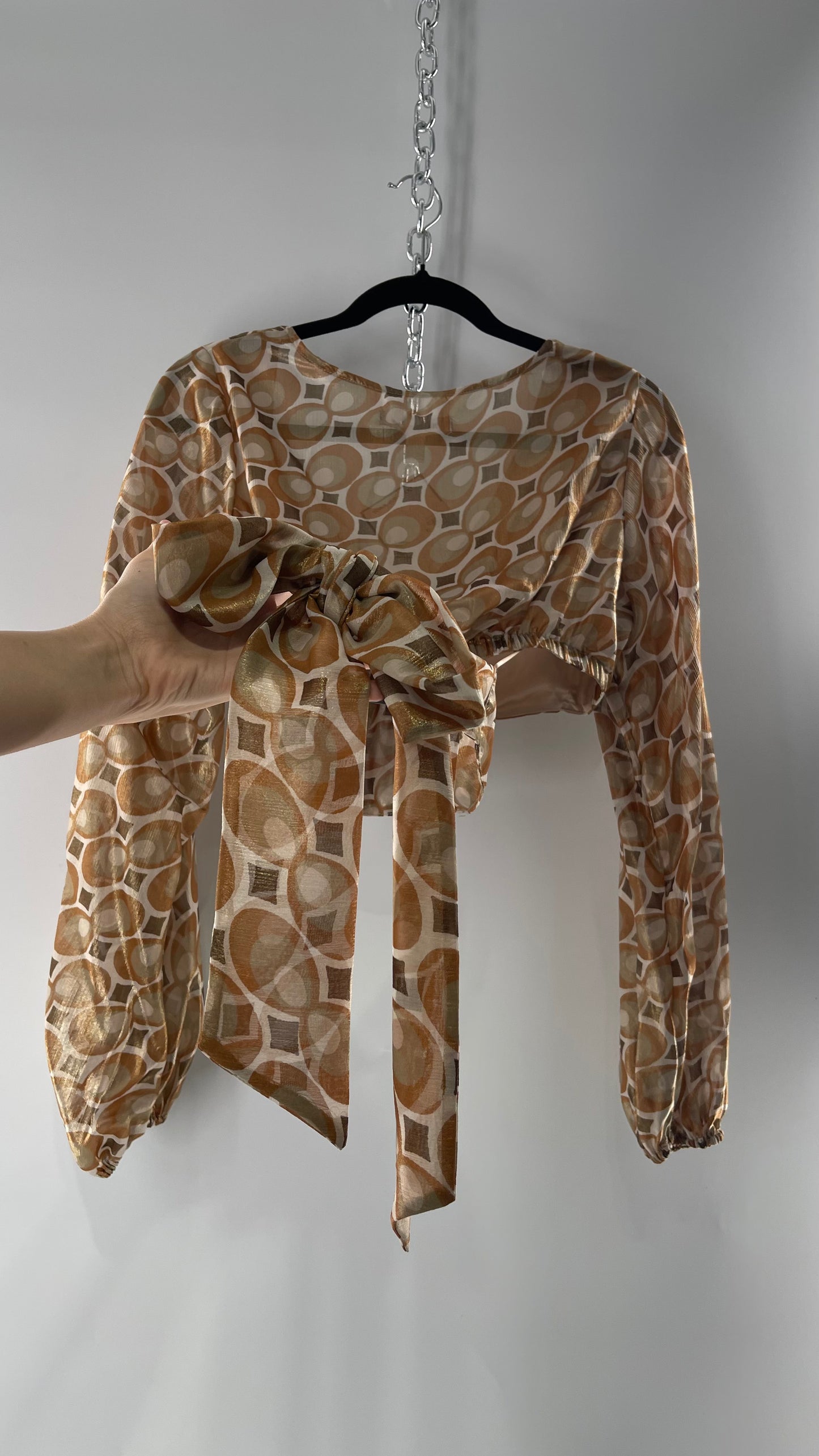 Urban Outfitters Shimmer Top Balloon Sleeve Gold Retro Print Cut Out Tie Around Blouse (Medium)