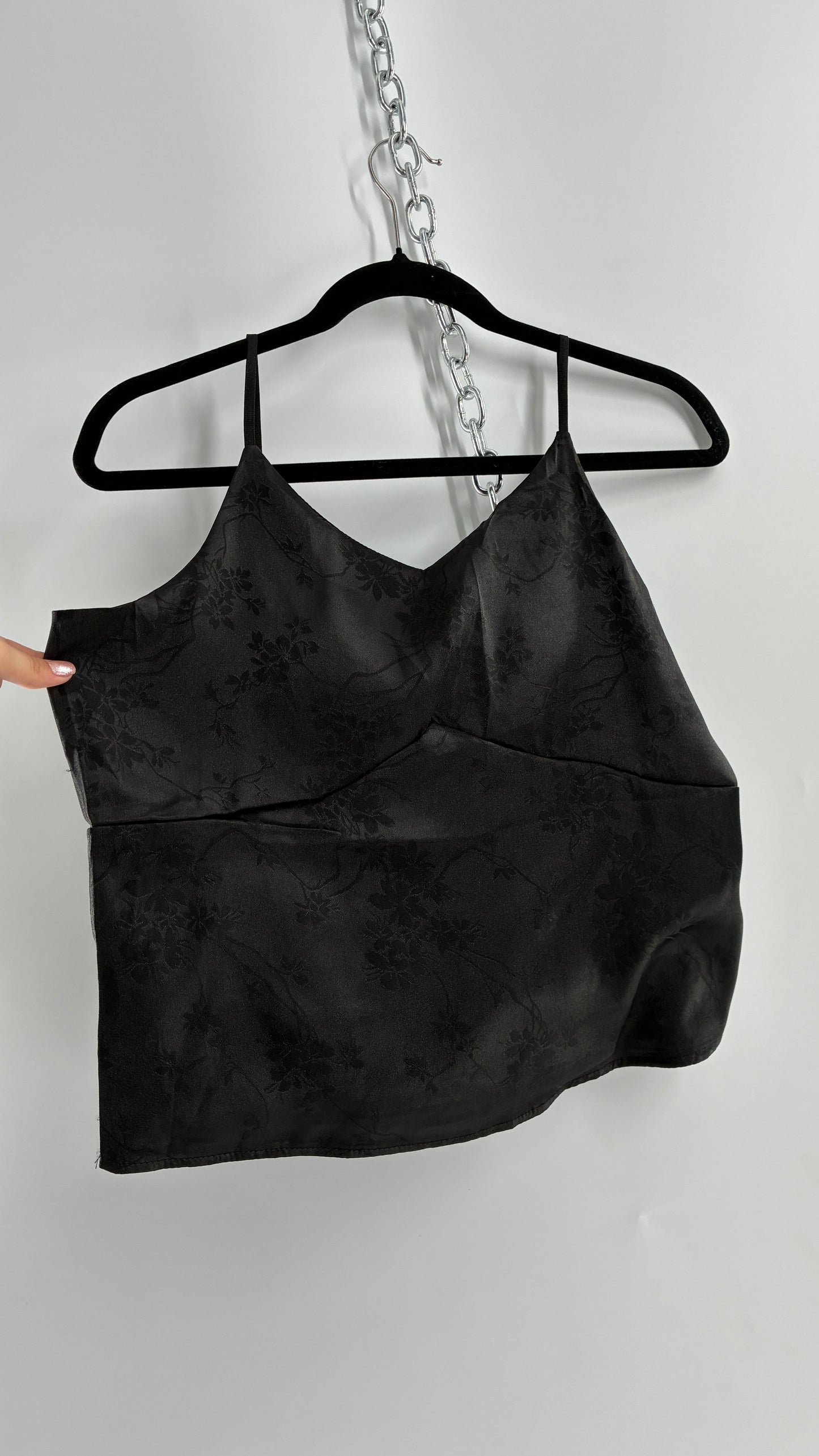 Vintage Black Silky Floral Camisole with Built in Padding (Large)