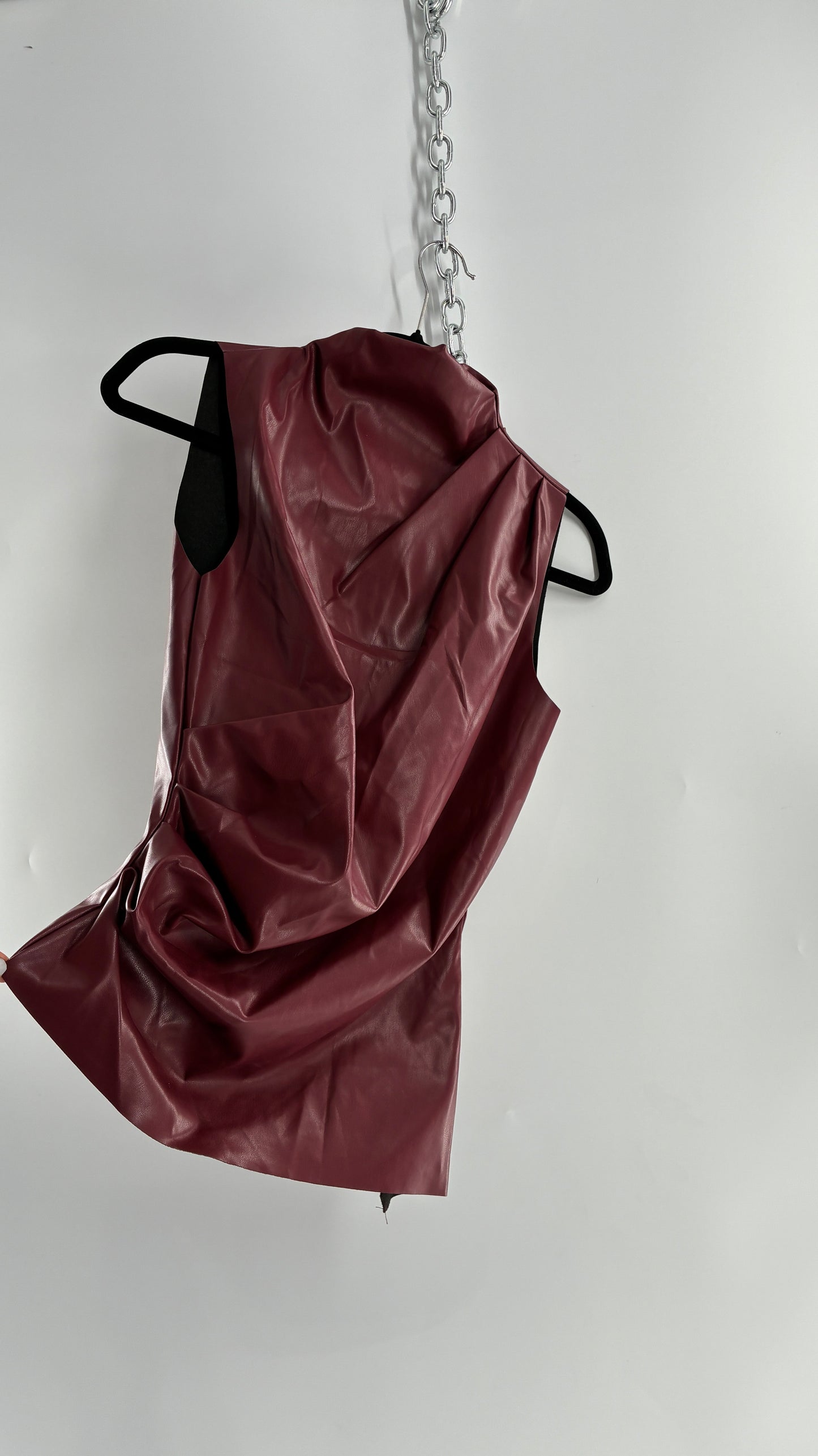 Faux Leather Maroon Ruched High Neck Asymmetric Sleeveless Top (Medium)
