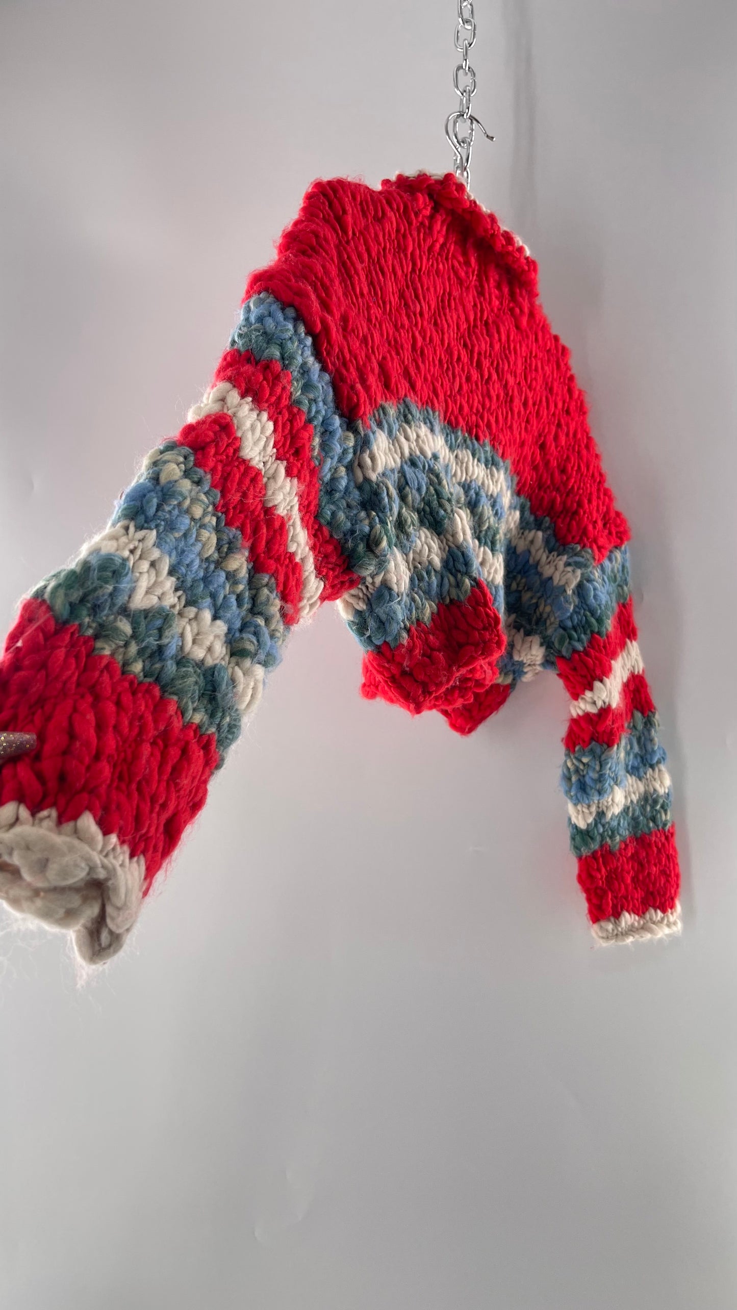 BDG Urban Outfitters Thick Knit Red White Blue Chunky Cropped Striped Cardigan (XS)