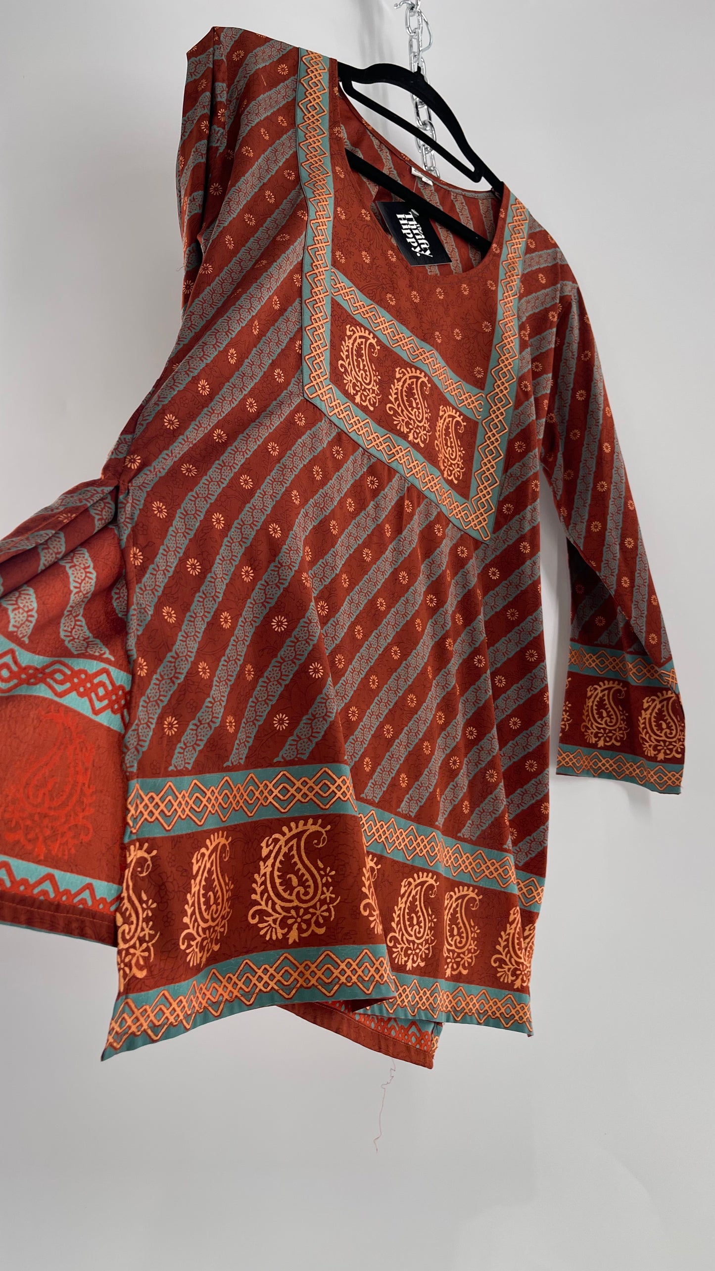 Vintage 1970s Indian 100% Silk Tunic Burnt Orange, Teal and Gold (40)