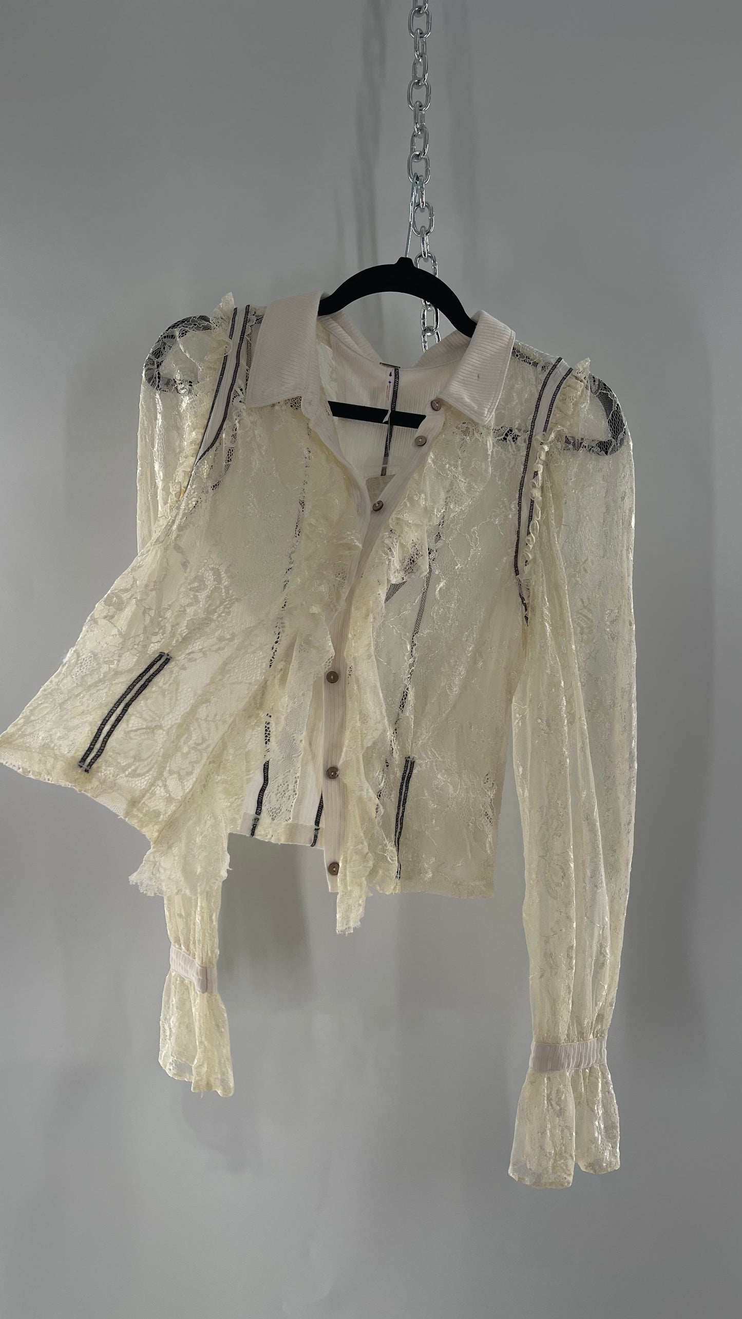 Free People White Lace/Ribbed BodyCon Button Up with Tags Attached (Large)