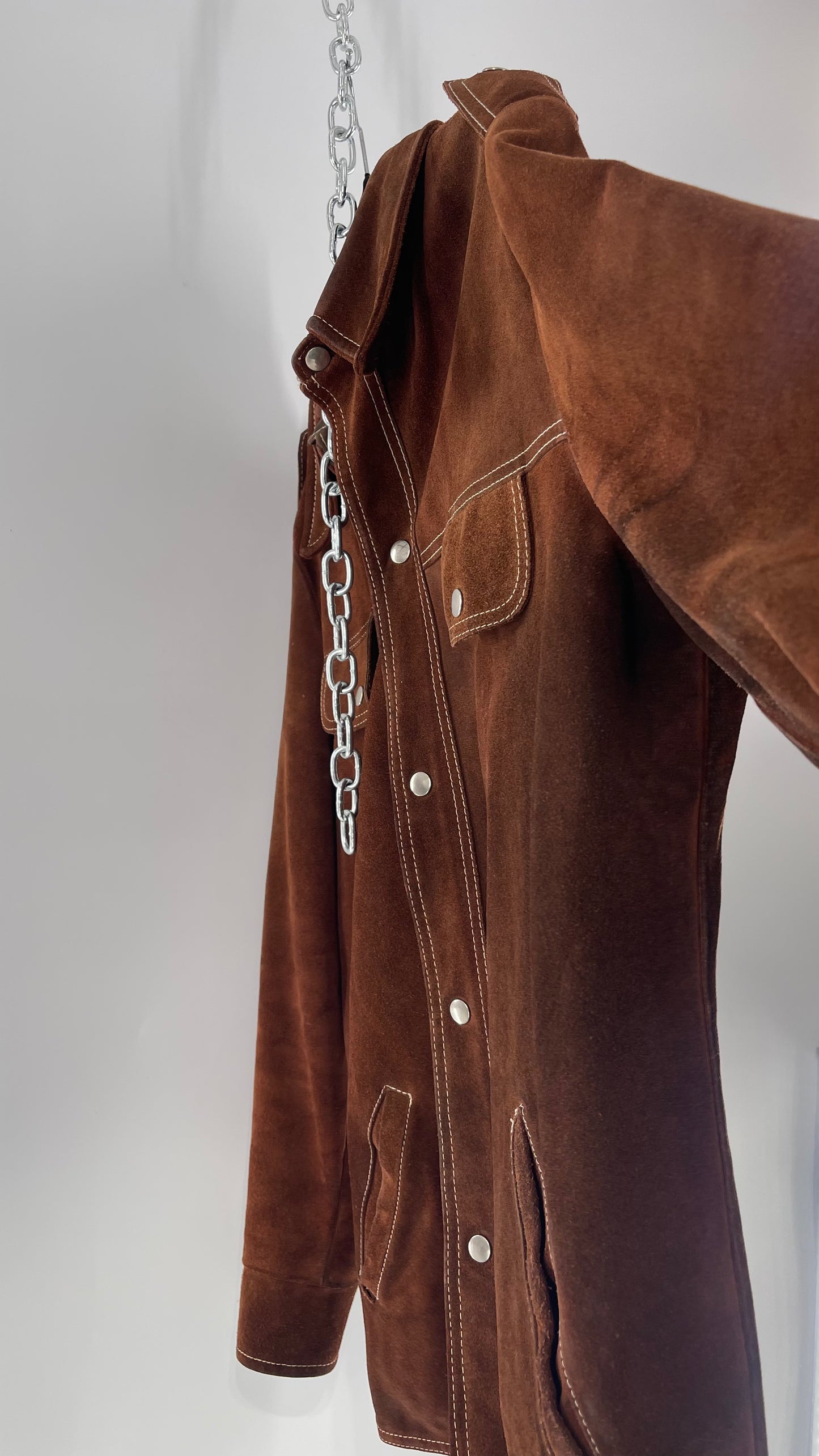 Vintage Brown Suede Jacket with Contrast White Stitching (C)(Large)