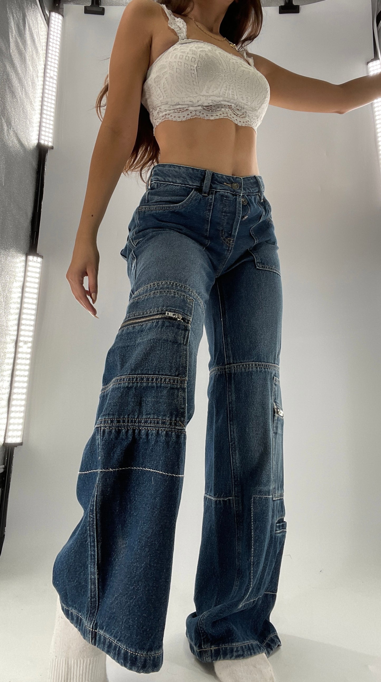 Free People Medium Wash Baggy Straight Legs Jeans Covered in Zippers, Pockets, Stitching (28)