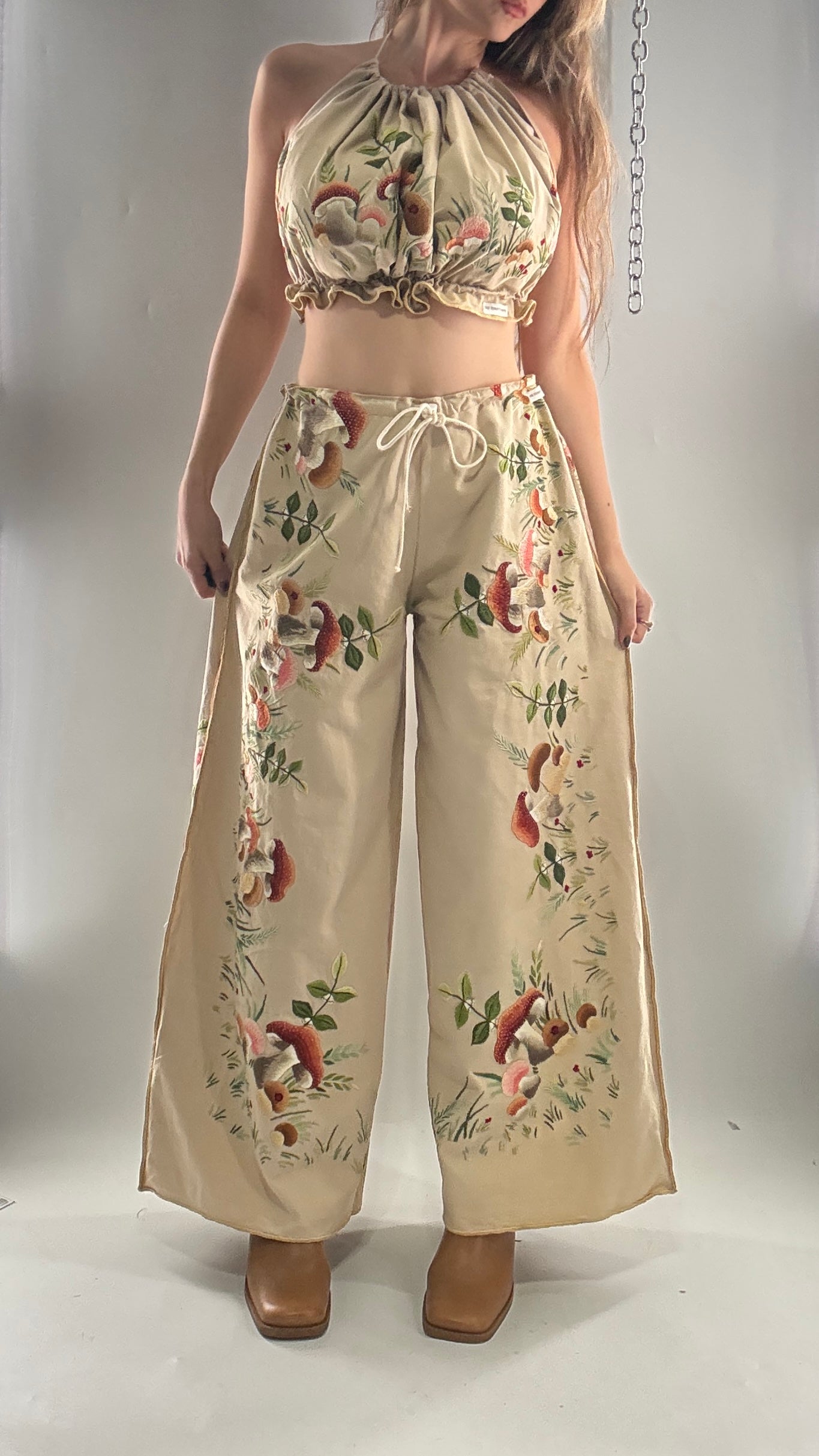 Vintage Custom Handmade and Hand Embroidered Two Piece Set with Mushrooms, Vines, and Ladybugs (XS-L)