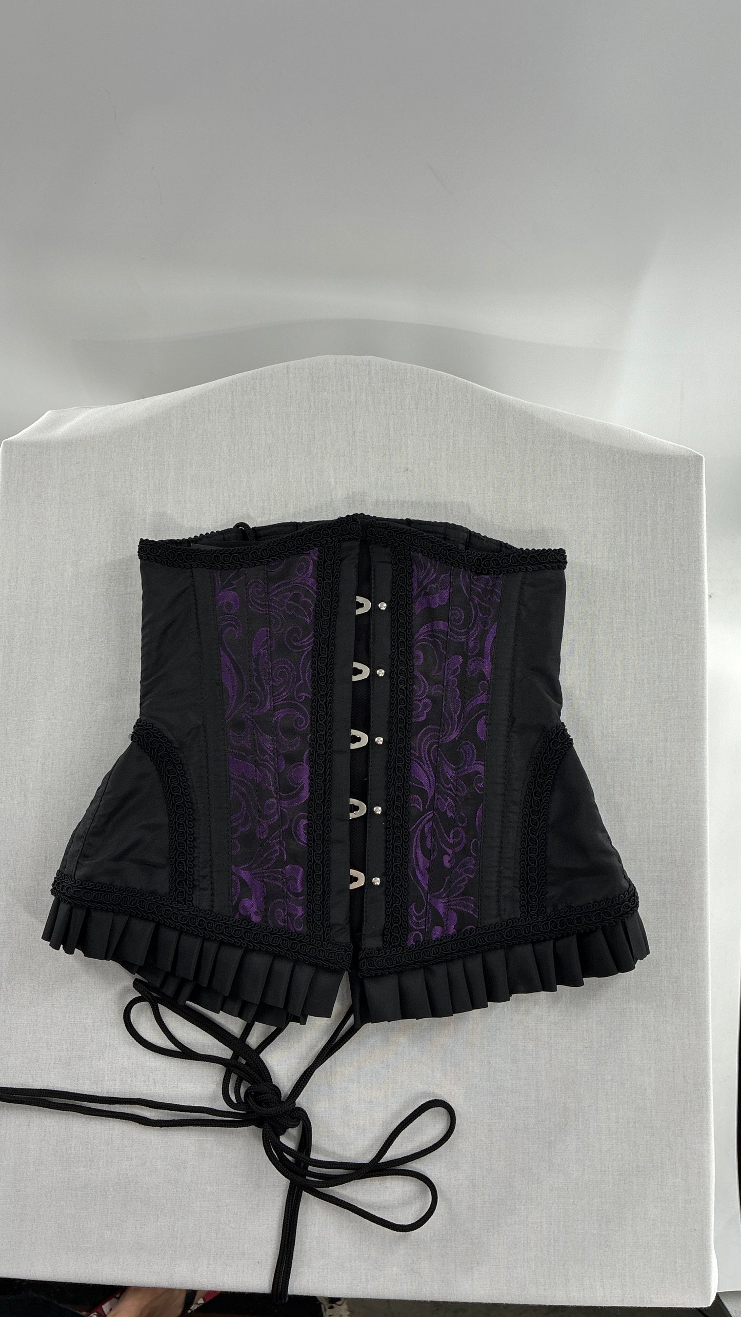 Vintage Black and Purple Brocade Corset with Pleated, Ruffled Hem (Sz 22)