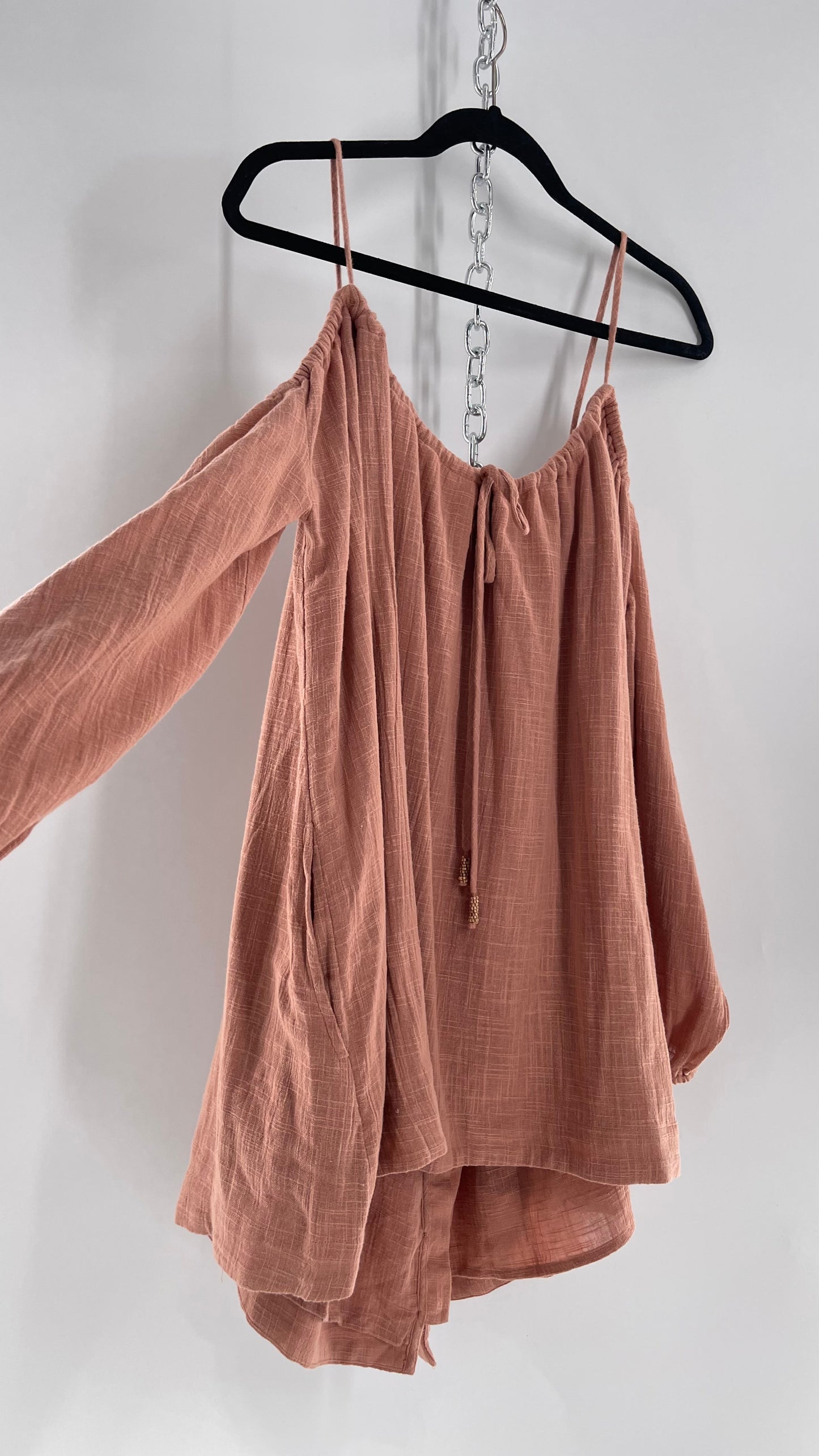Free People Cotton Blush Pink Button Front Cold Shoulder Dress (Medium)