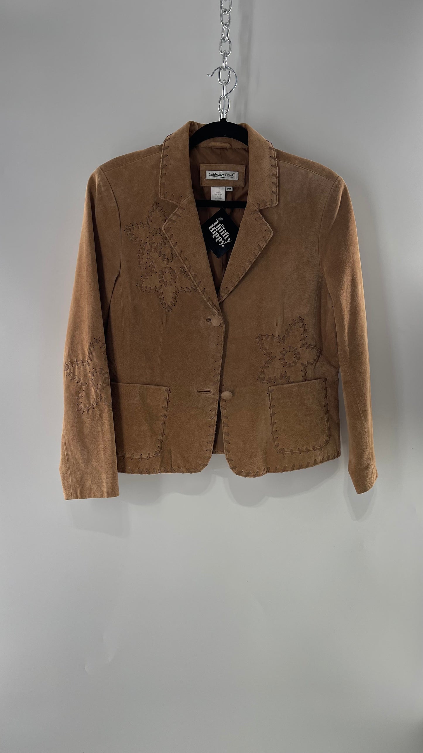 Vintage Rare Light Brown Genuine Suede Blazer with Embroidered Suede Flower and Contrasting Thick Leather Stitching (Medium)