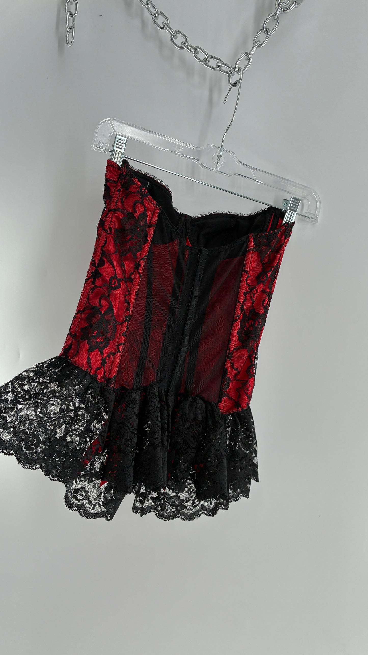 Vintage Frederick’s of Hollywood Red Black lace Overlay Corset with Bows and Ribbon Detailing (32)
