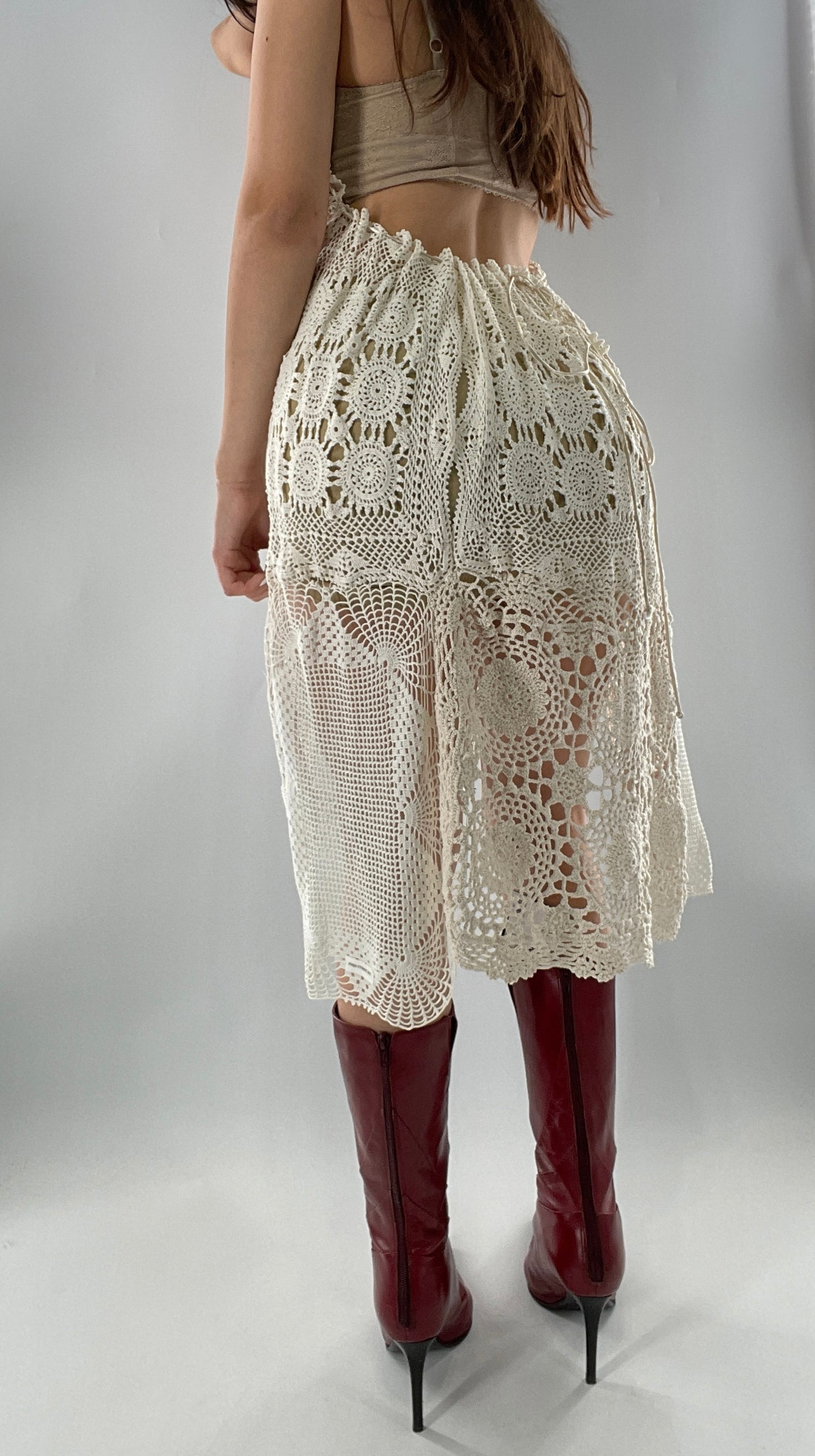 Vintage Handmade Crochet Cottage Adjustable Dress with Open, Low Back (One Size)