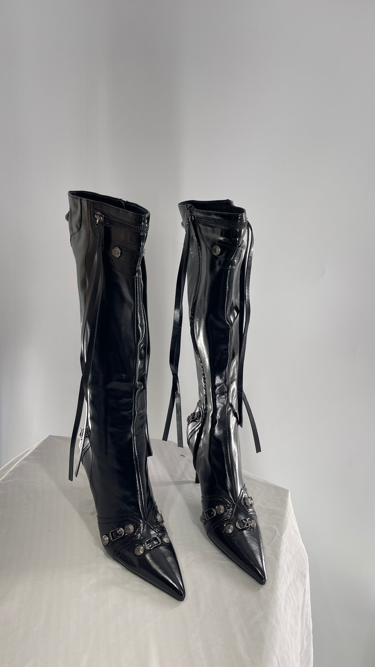 Black Pointed Toe Strappy Heeled Knee High Boots with Metal Hardware Details (10)