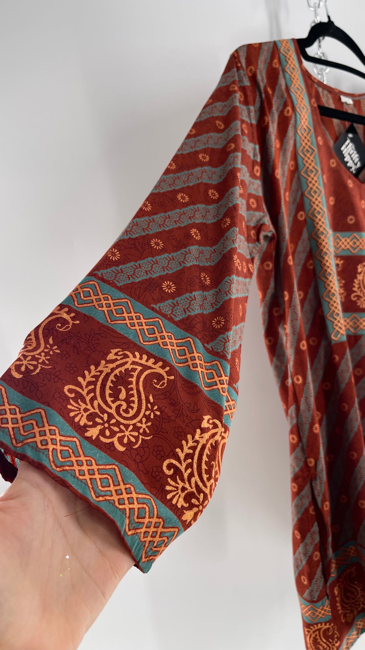 Vintage 1970s Indian 100% Silk Tunic Burnt Orange, Teal and Gold (40)