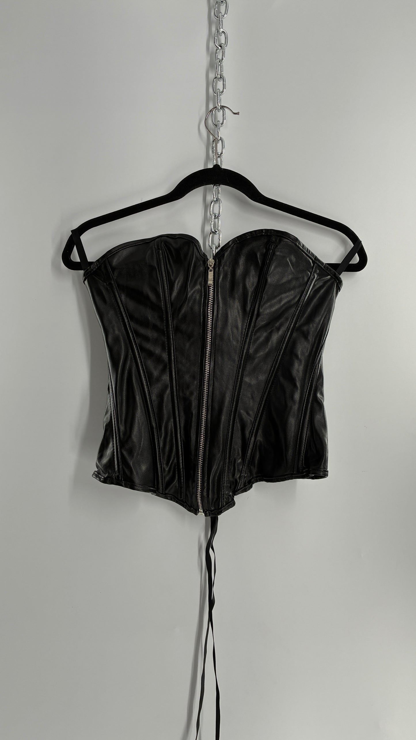 Black Vegan Leather Zip Front Corset (Medium)