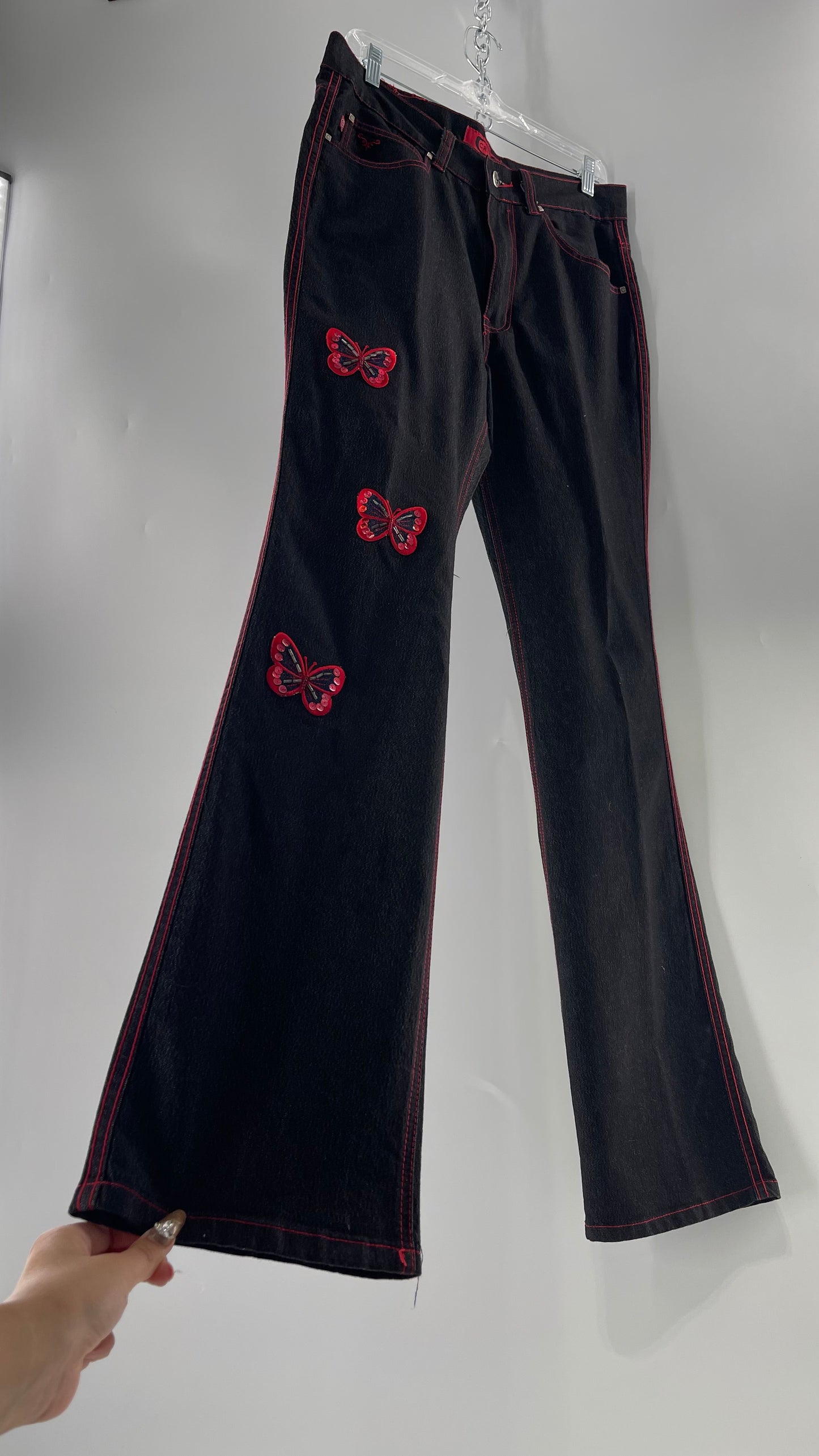 Rare Vintage Black Crest Jeans with Red Contrast Stitching and Butterfly Embroidery on Thigh and Back Pockets (14)