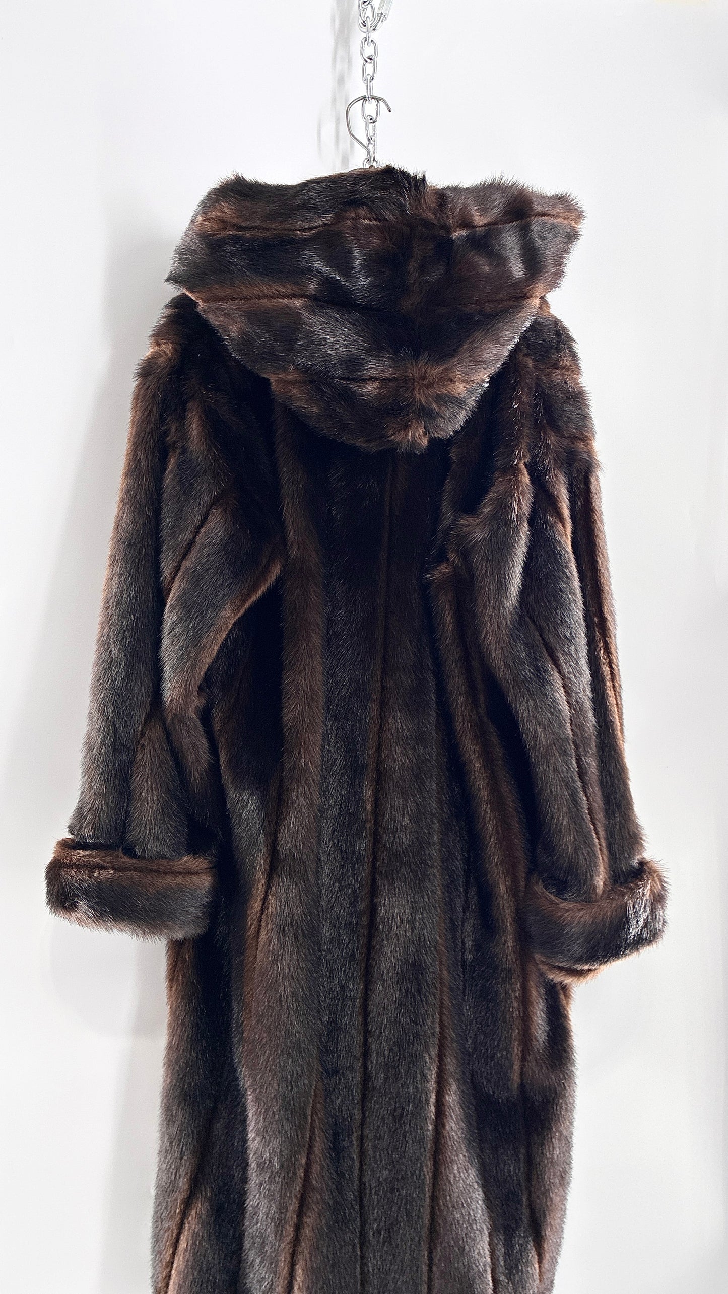 Vintage TALLY HO Hooded and Paneled, Vegan Fur Full Length Coat (Medium)