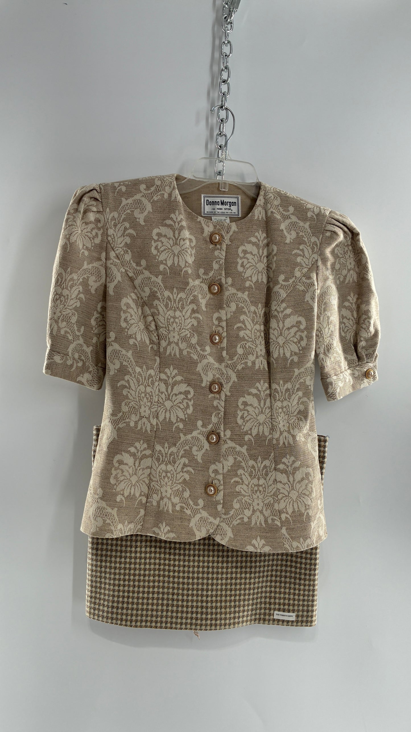 Vintage Suit Set with DONNA MORGAN Jacquard Puff Sleeves Tailored Slim Waist Suit Jacket with Upcycled Woven Mini Skirt (6)