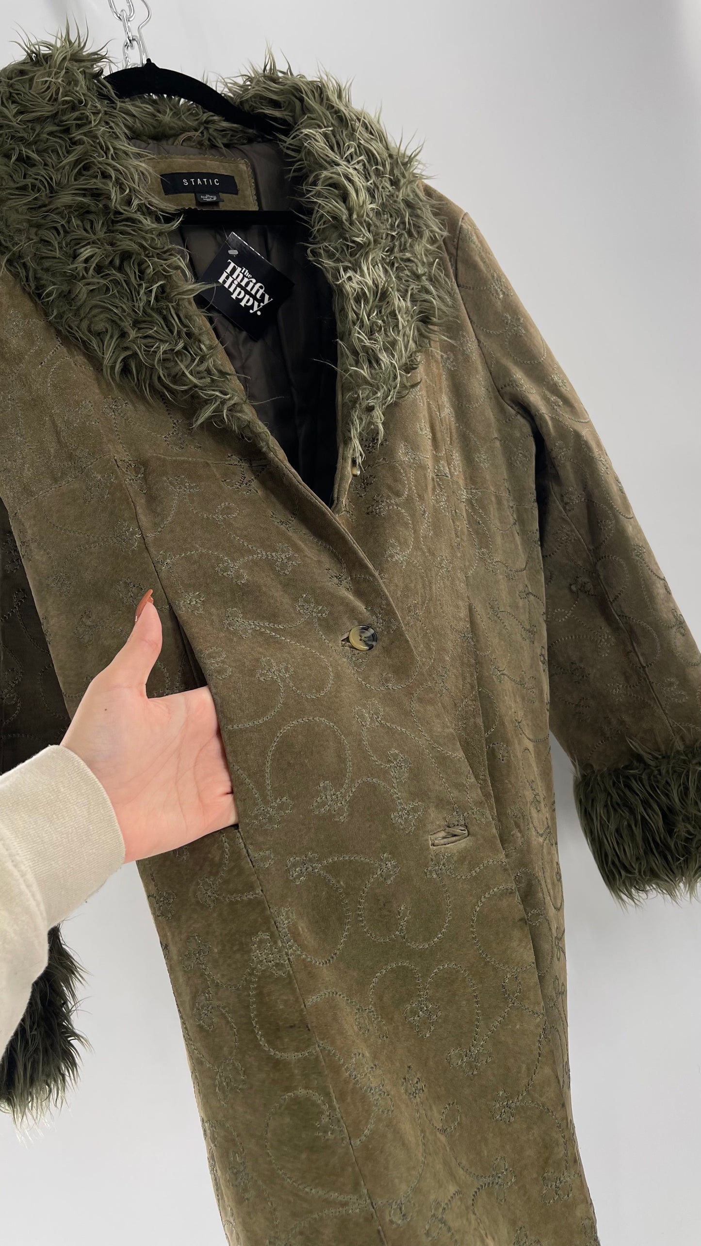 Vintage STATIC Embroidered Genuine Leather Coat with Fur Cuffs and Collar (C) (XL)