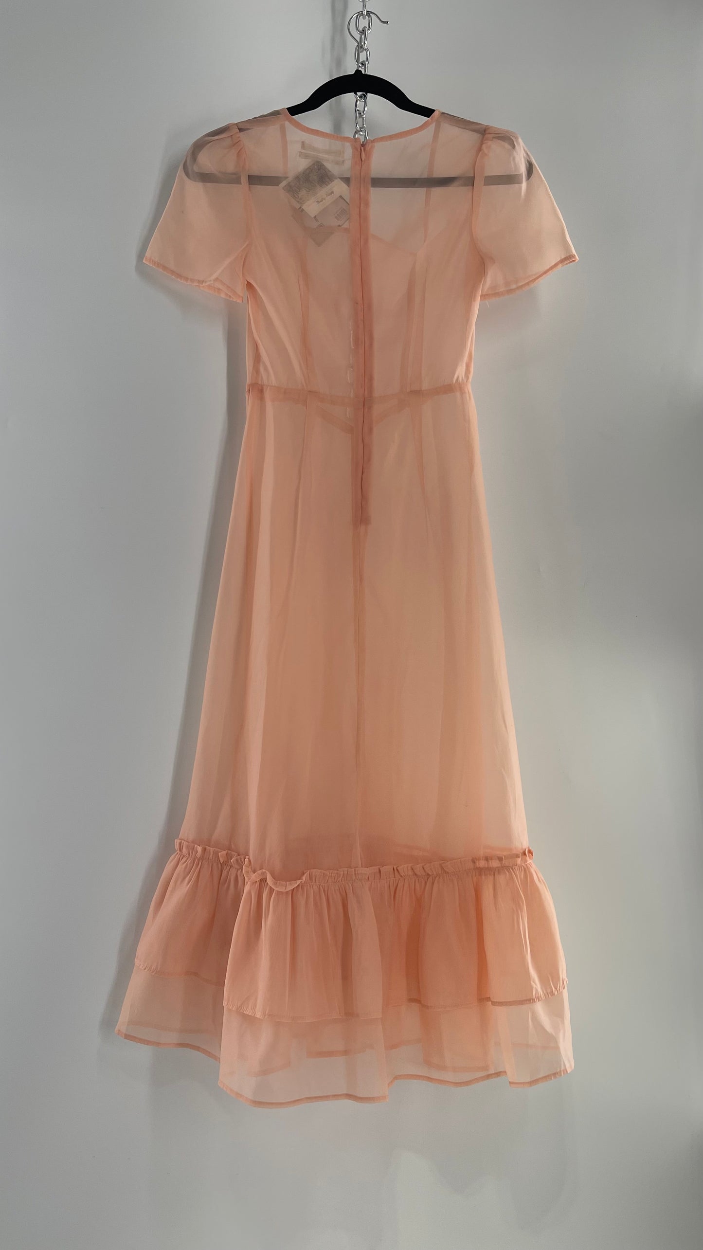 Urban Outfitters Pink/Peach Voile Vintage Inspired MIDI Dress with Ruffled Hem (XS)
