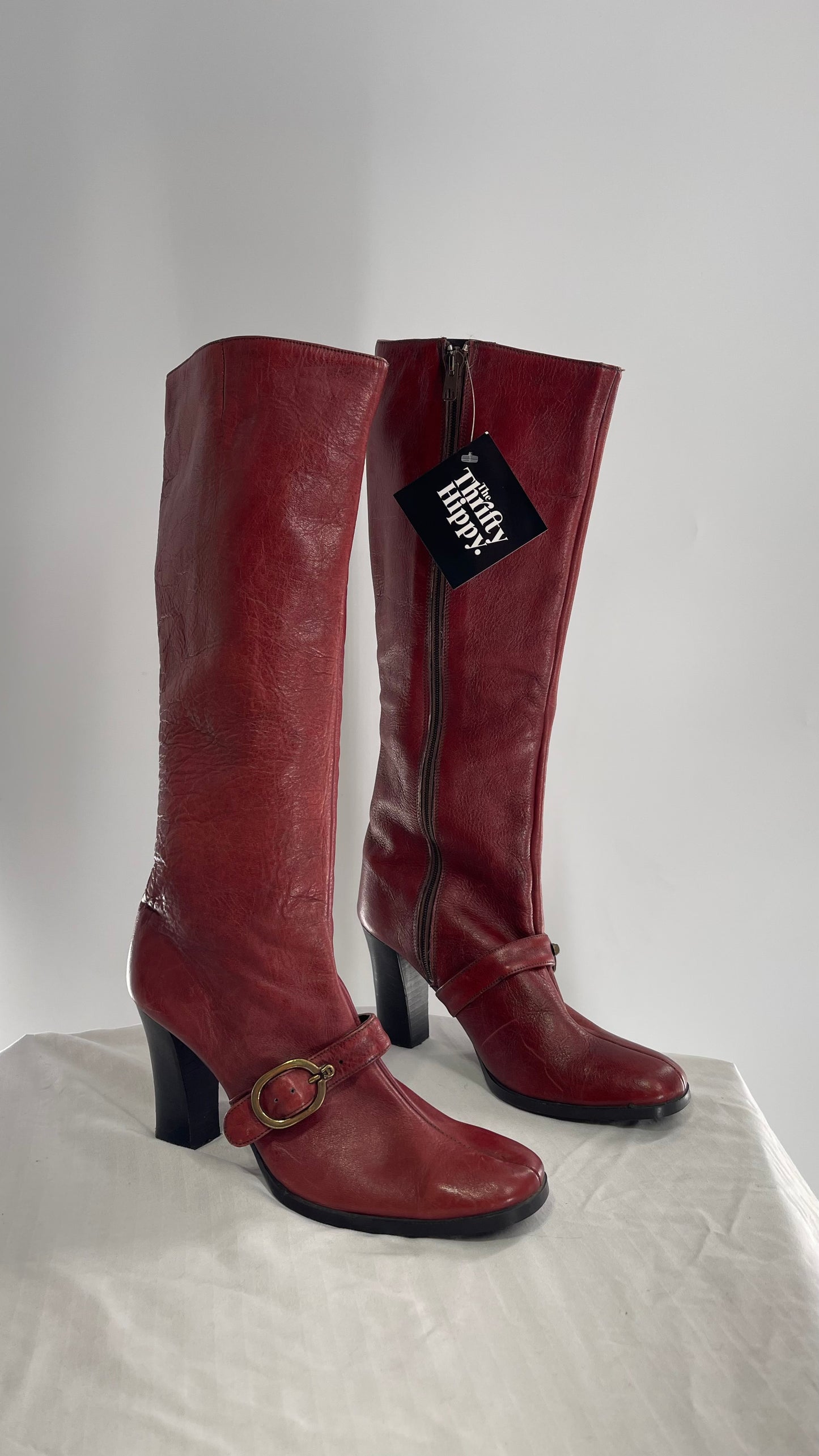 Vintage Etienne Aigner Red Italian Leather Boots with Buckle Strap (8.5)