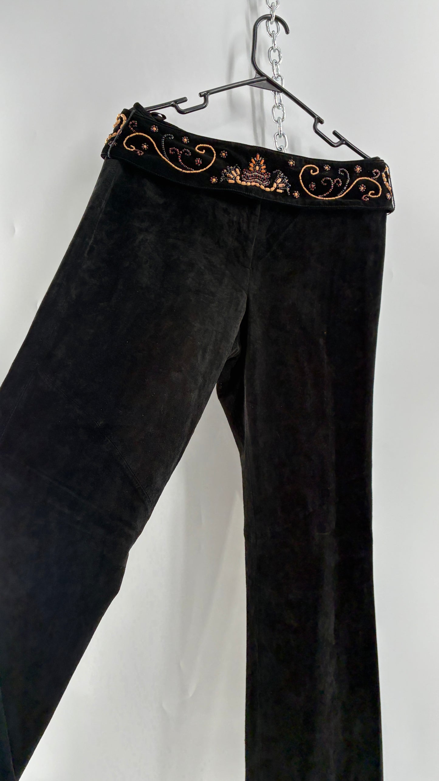 Vintage Margaret Godfrey Black Genuine Suede Leather Kick Flares with Wide Beaded Belt (10)