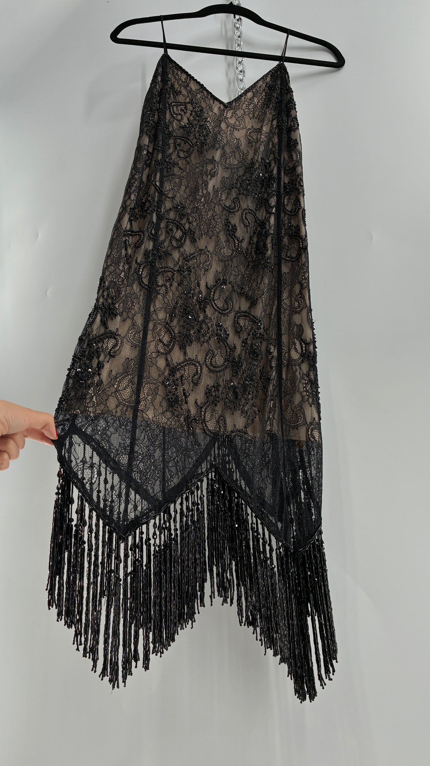 Vintage Haute Hippie Black Lace Nude Underlay Dress with Pointed Heavily Beaded Fringe Hem (2)