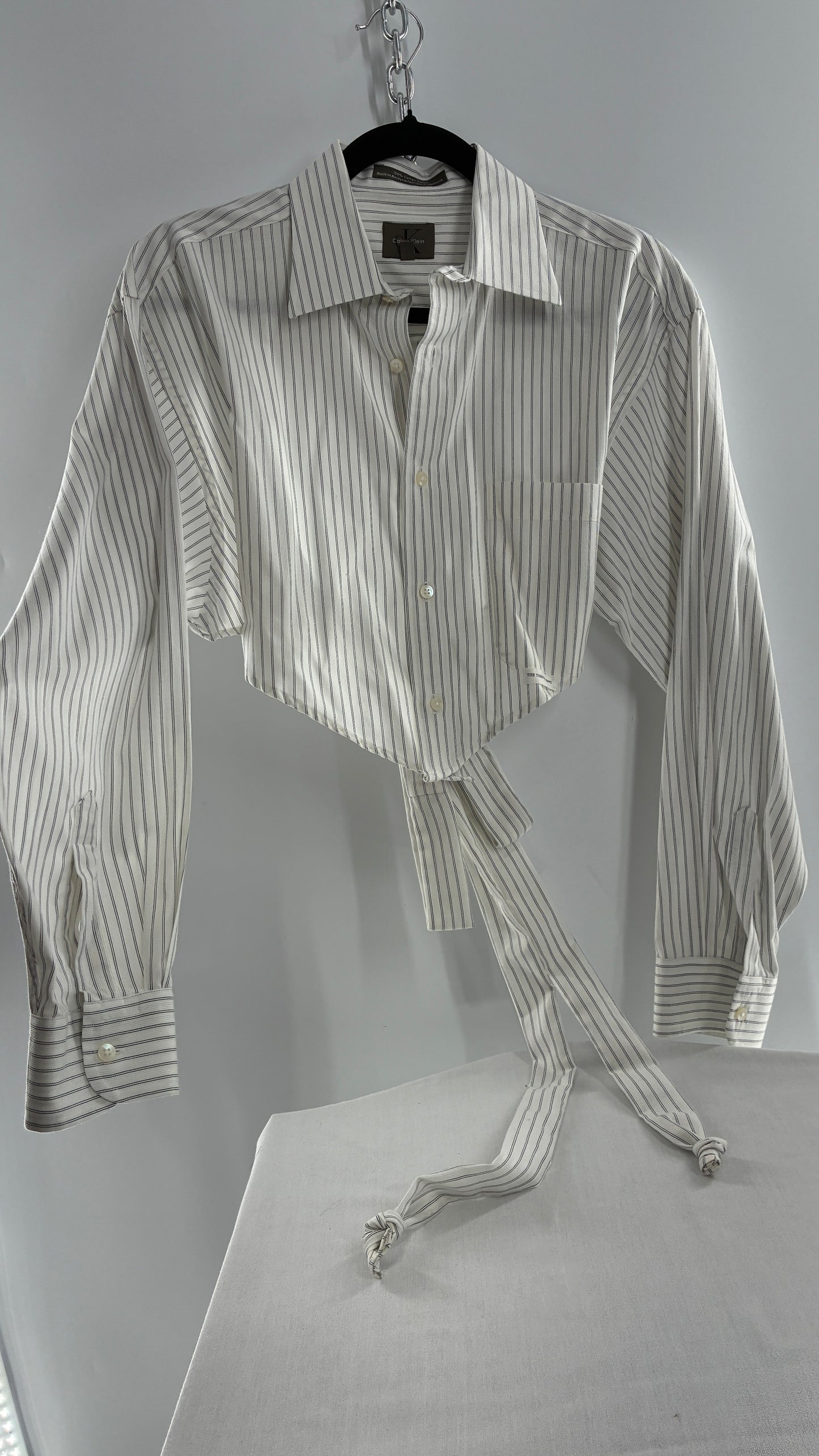 Vintage CALVIN KLEIN Reworked Button Front Backless White Striped Blouse (One Size)
