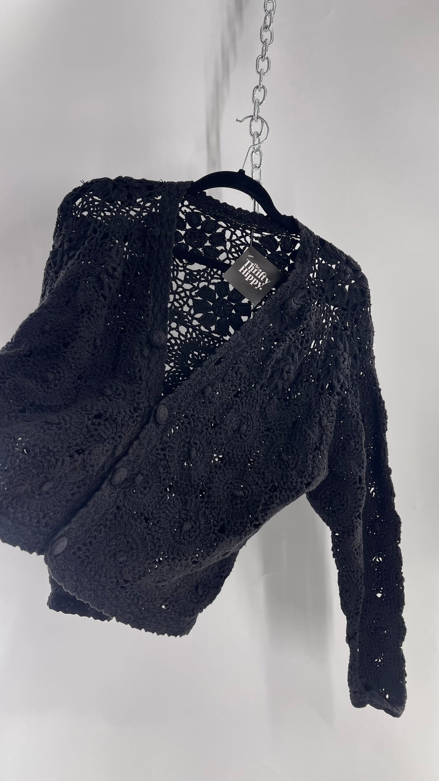 Vintage Black Handmade Crochet Cardigan (Medium)