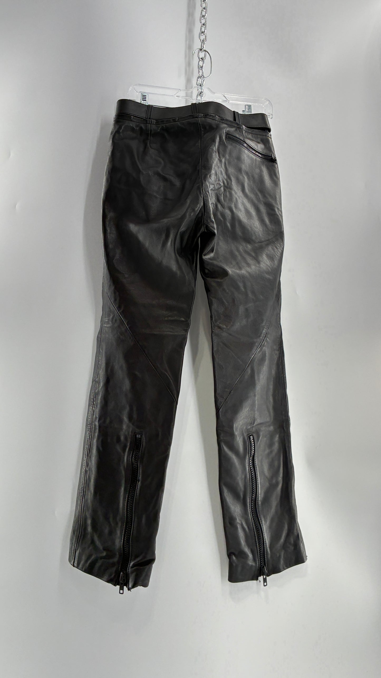 Vintage Black Italian Leather Motorcycyle Pants with Built In Belt and Zipper Detailing (XS)