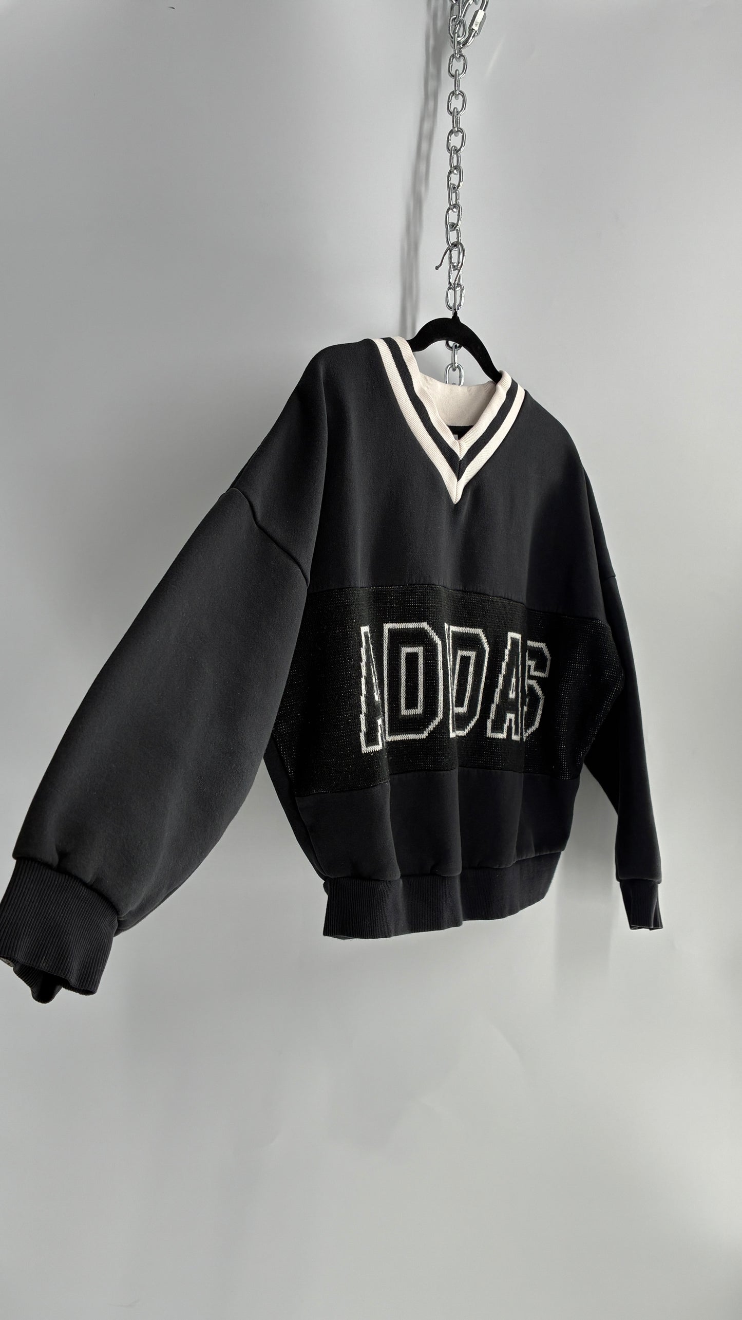 Vintage ADIDAS Black and White Varsity Crew Neck (Small)