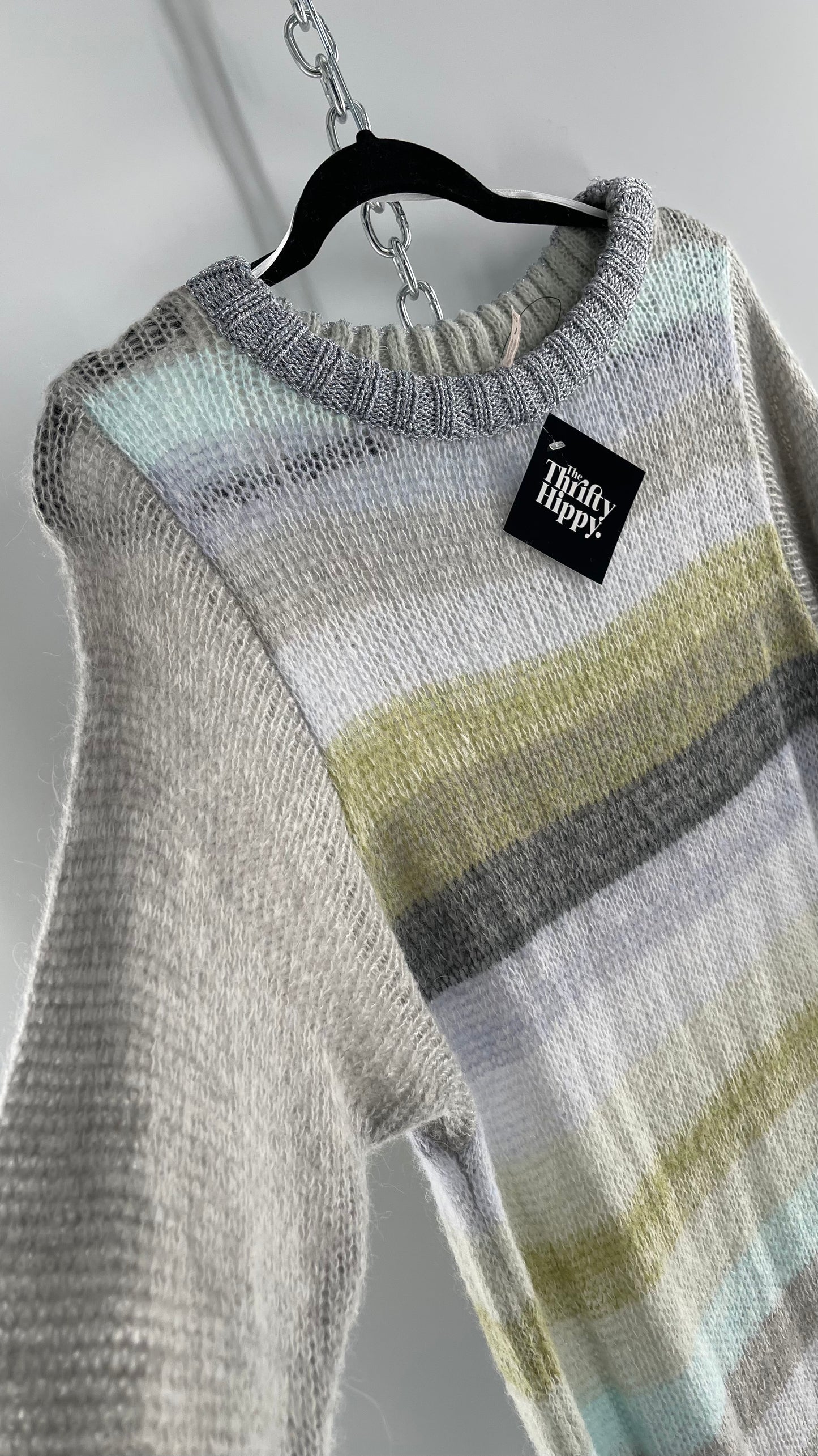 Free People Striped Sweater with Glitter Knit Cuffs and Collar (XS)