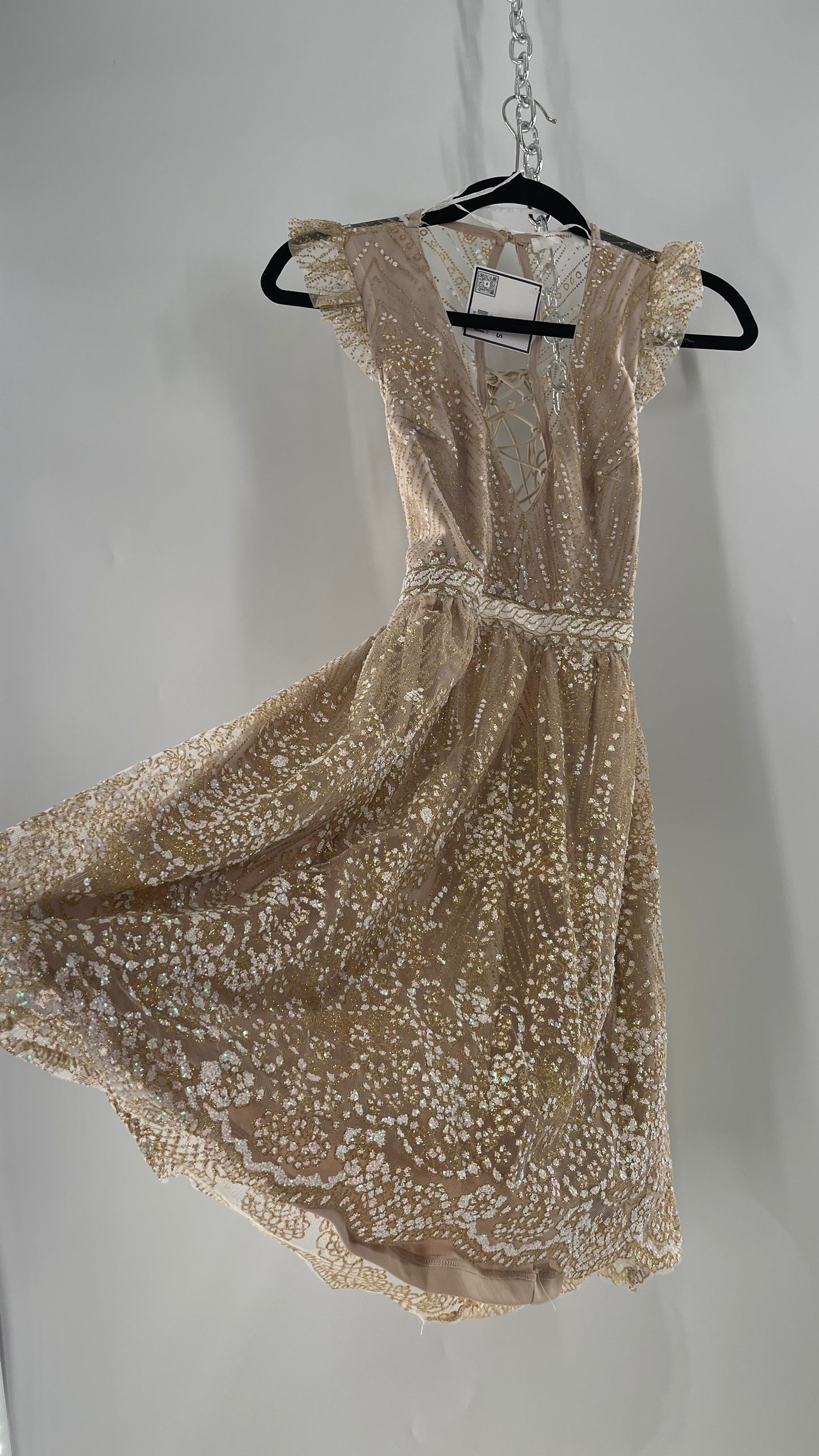 Hello Molly Fairy Sleeveless Chunky Iridescent Glitter Gold Mini Dress with Tie Up Back and Ruffle Sleeve (S)