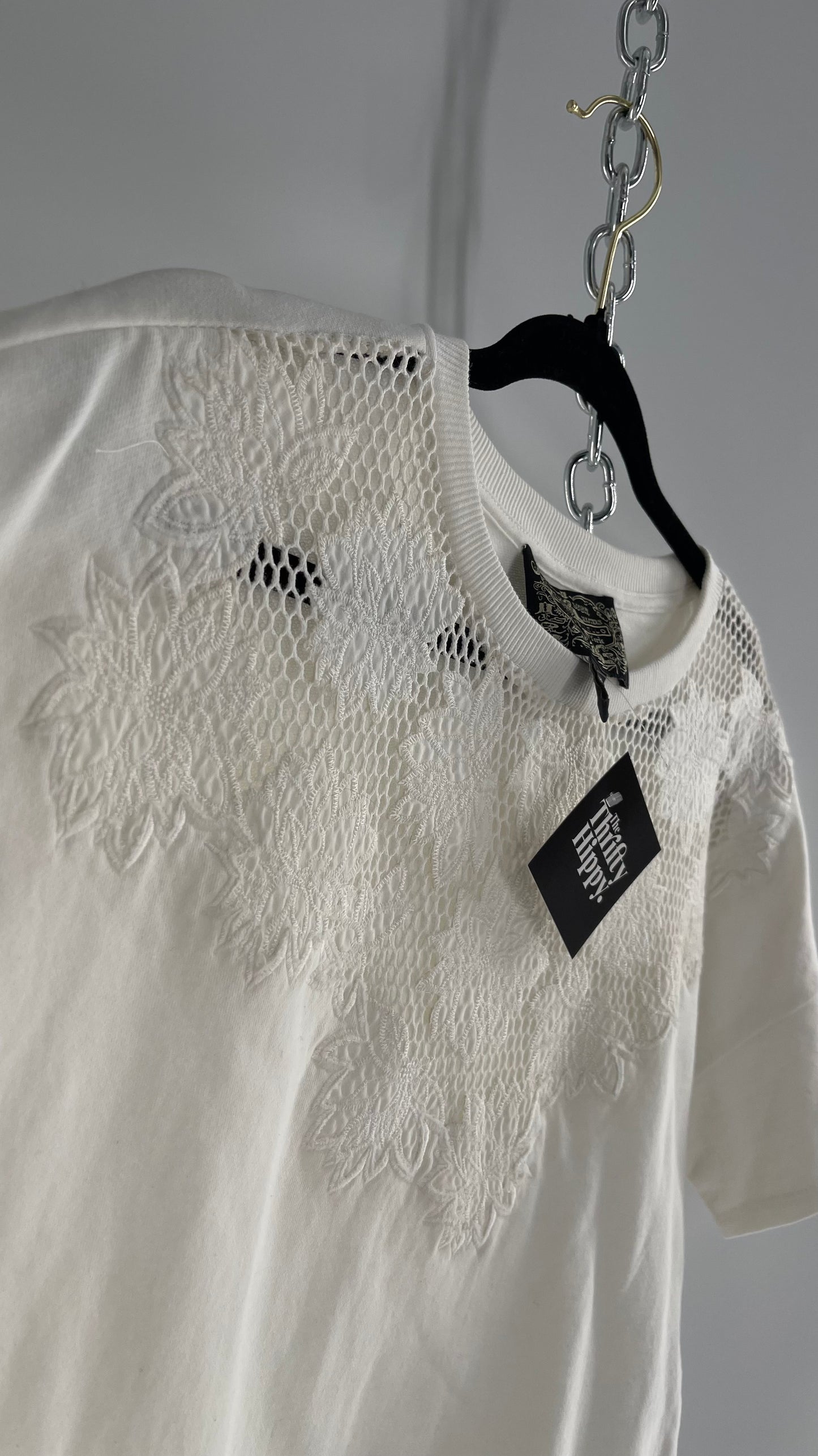 JAMES COVIELLO NY, NY White Thick T Shirt with Embroidered Florals and Mesh (S Petite)