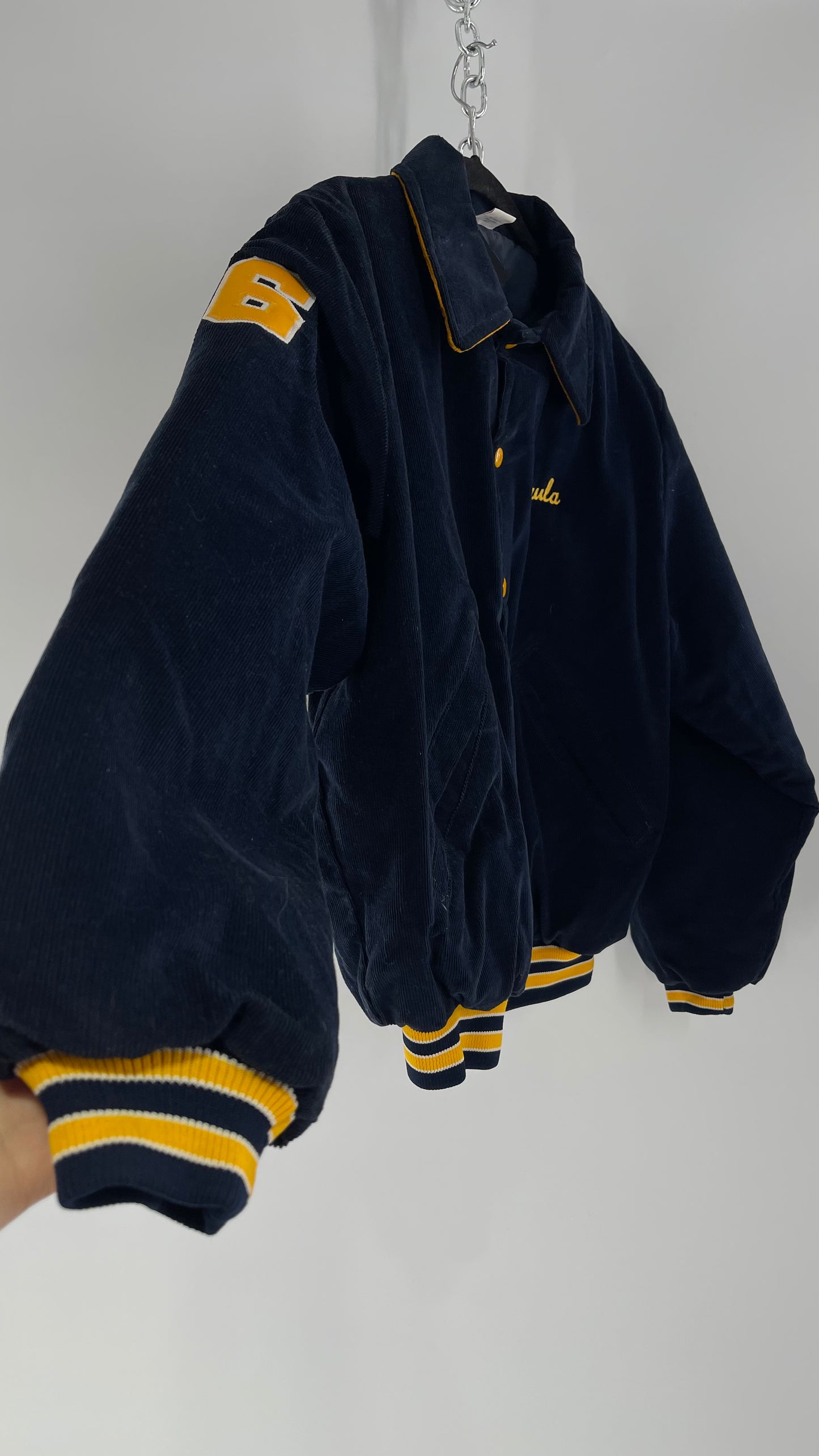 Birdie Vintage Phi Sigma Sigma Navy Blue Corduroy Varsity/Sorority Jacket with Contrast Yellow Patches and Embroidered “Paula” Monogram (Large)
