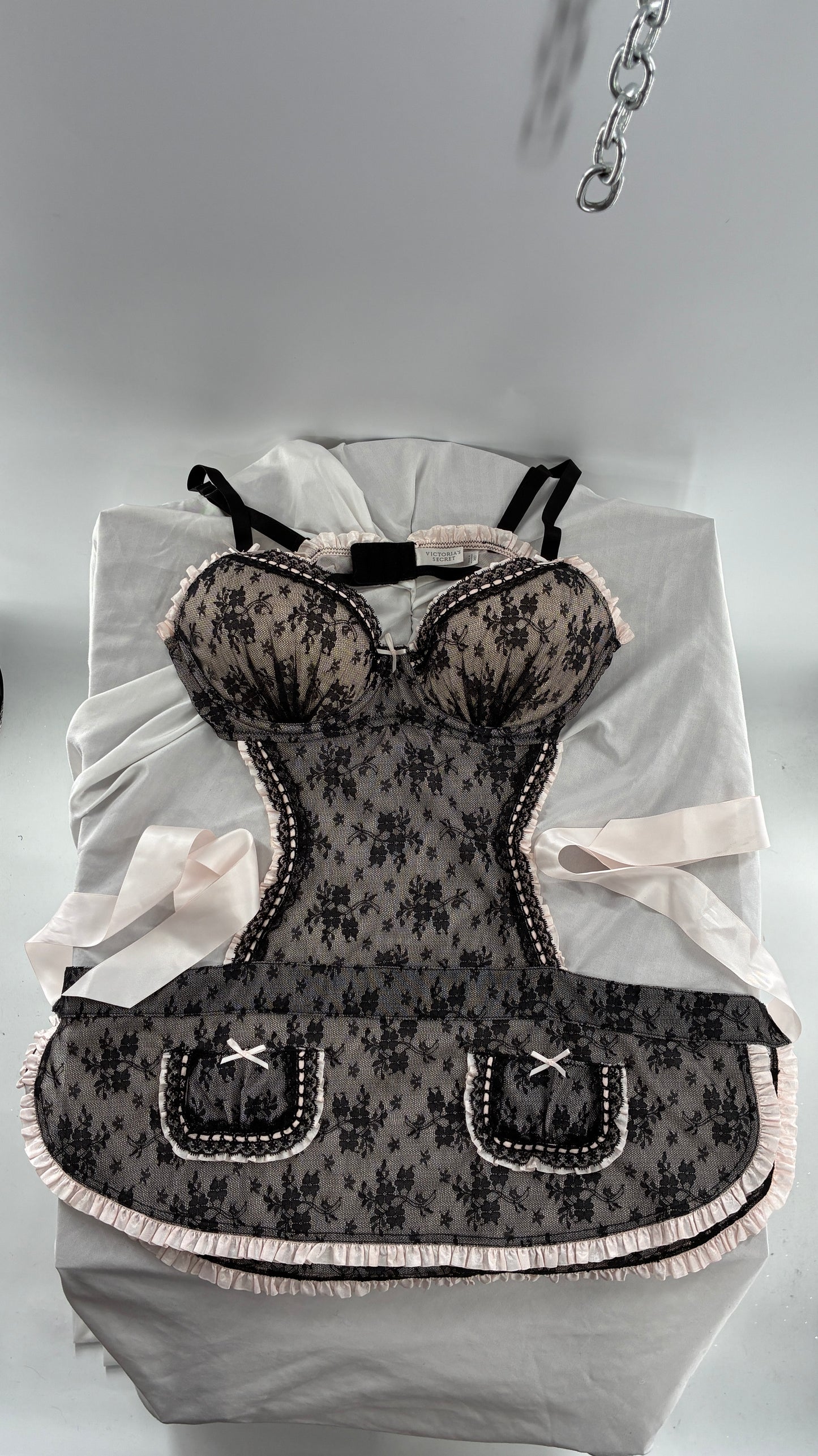 Victoria’s Secret Black Lace Apron Style Camisole Lingerie with Bow Back Ribbon (36D)