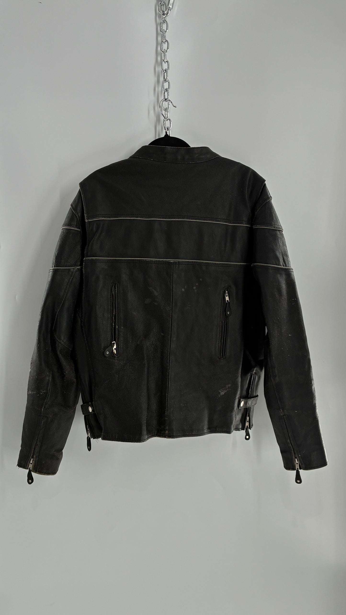 Vintage Distressed Genuine Leather Motorcycle Jacket with Zippered Pockets, Cuffs, and Sides (Large)
