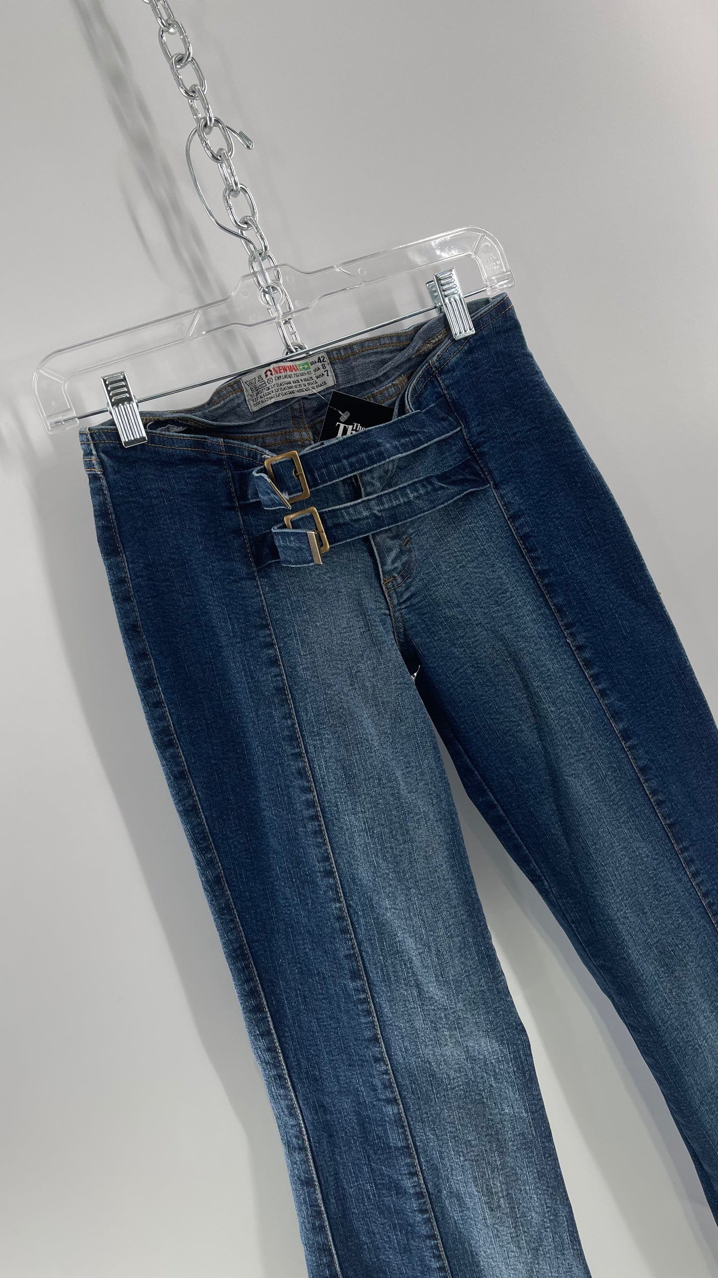 Vintage NewMax Two Toned Paneled Brazilian Jeans with Buckle Jean Strap Closure and Flared Hem (8)