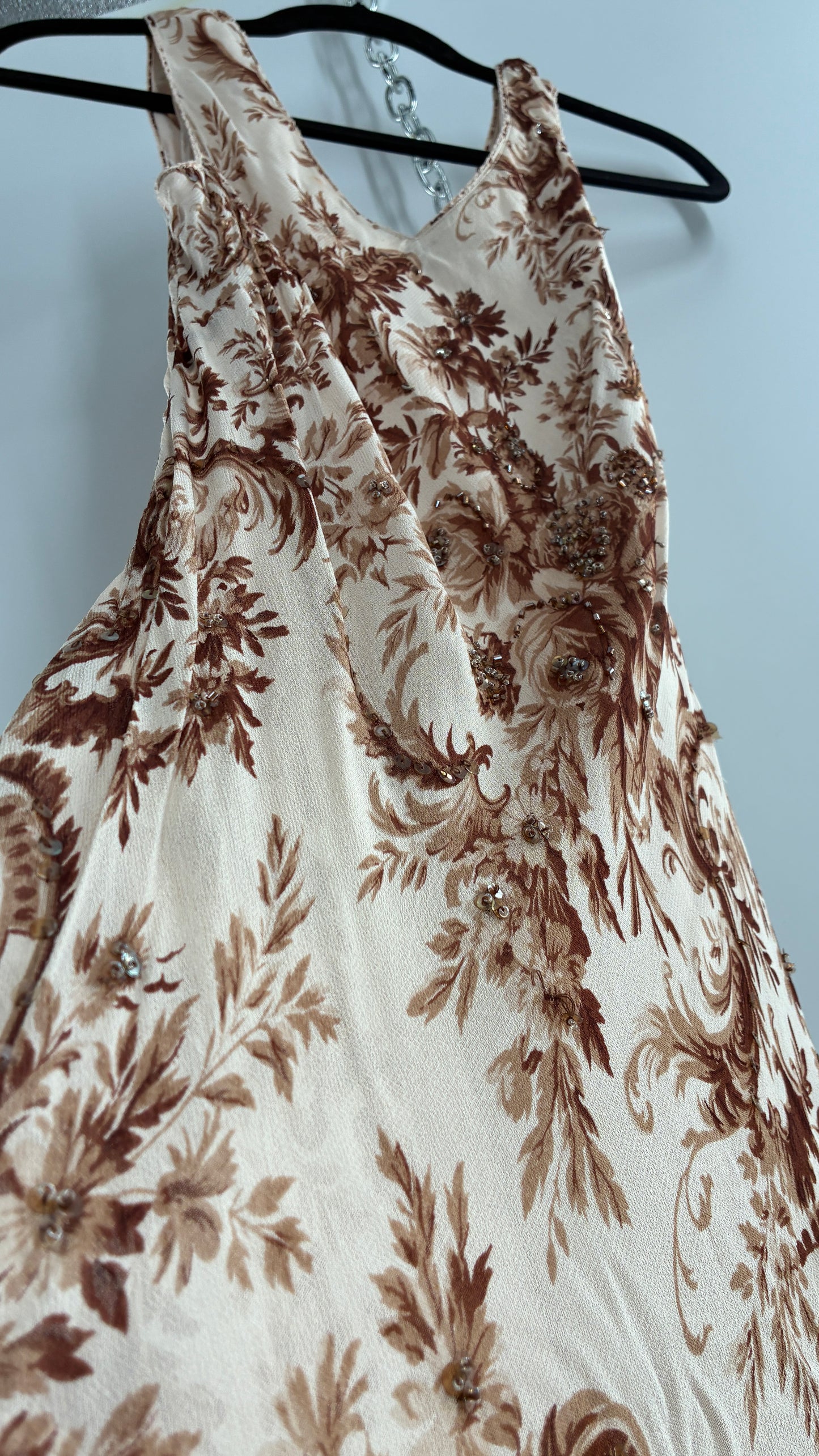 Vintage MAJICK 1990s Brown Floral, Asymmetric Ruffled Hem Gown with Embroidered Sequin Details (Medium)
