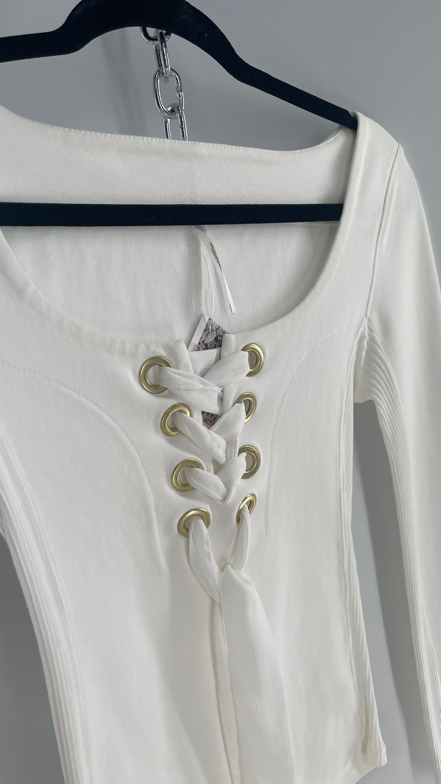 Free People White Lace Up Long Sleeve with Gold Grommets (XS)