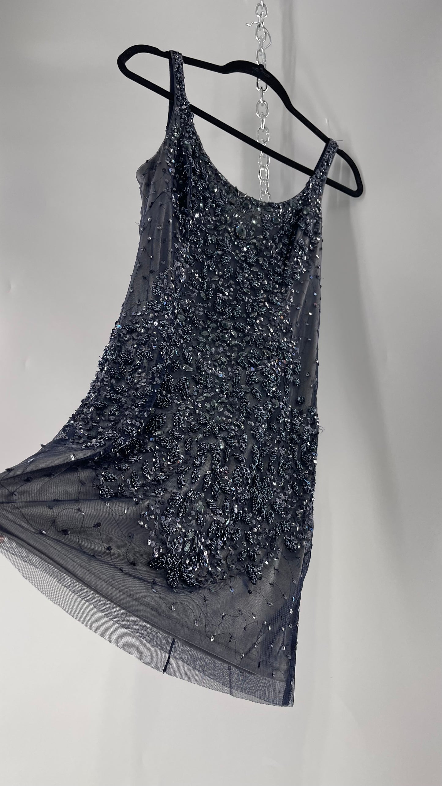 Vintage Cache Moonlight Grey/Navy Blue Tunic Mini Dress with Accentuating Placement of Beads, Sequins and Embroidery Details (2)