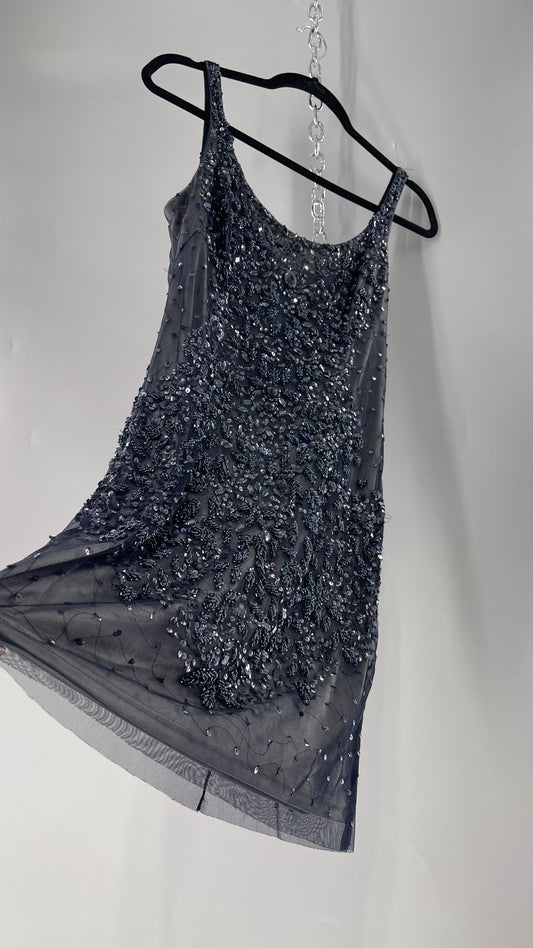 Vintage Cache Moonlight Grey/Navy Blue Tunic Mini Dress with Accentuating Placement of Beads, Sequins and Embroidery Details (2)