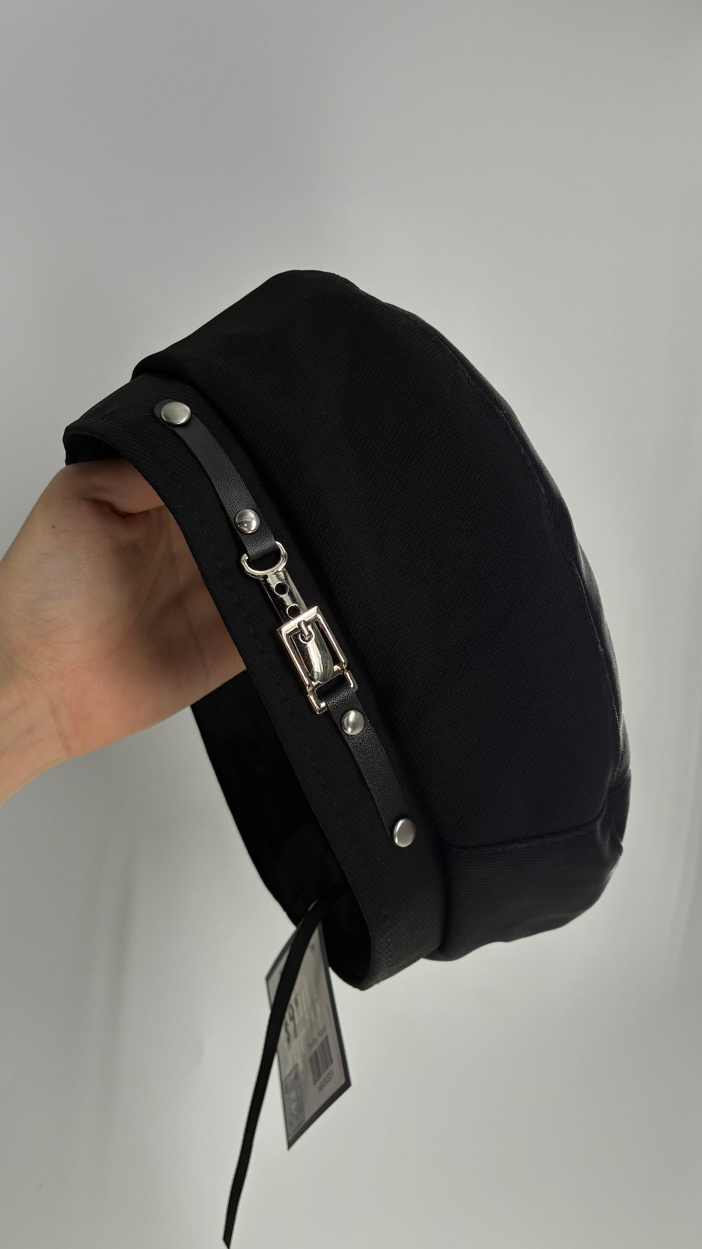 Black Beret with Vegan Leather Strap with Silver Metal Hardware