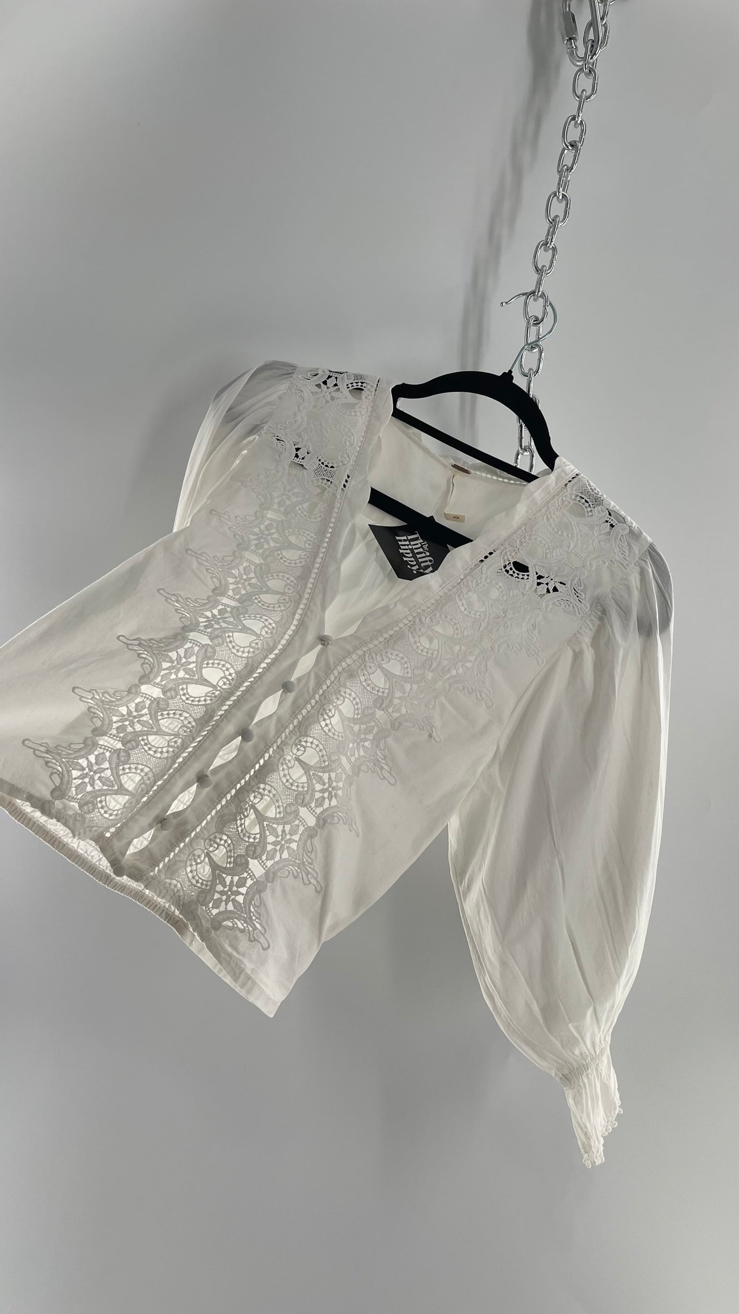 Free People White Puff Sleeve Prairie Blouse with Lace Details (Small)