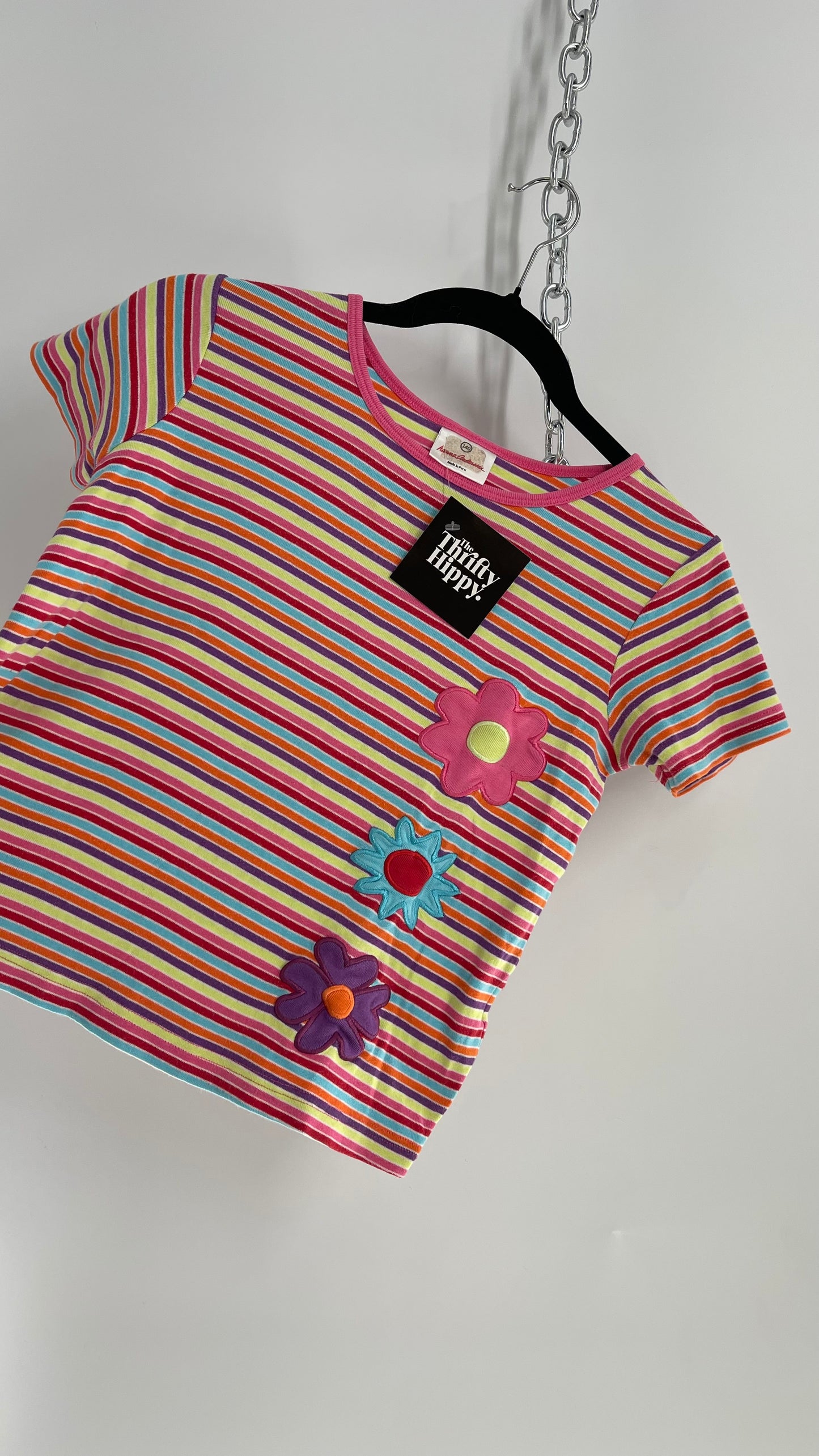 Hanna Anderson Striped Baby T with Patched Flowers (XS/S)